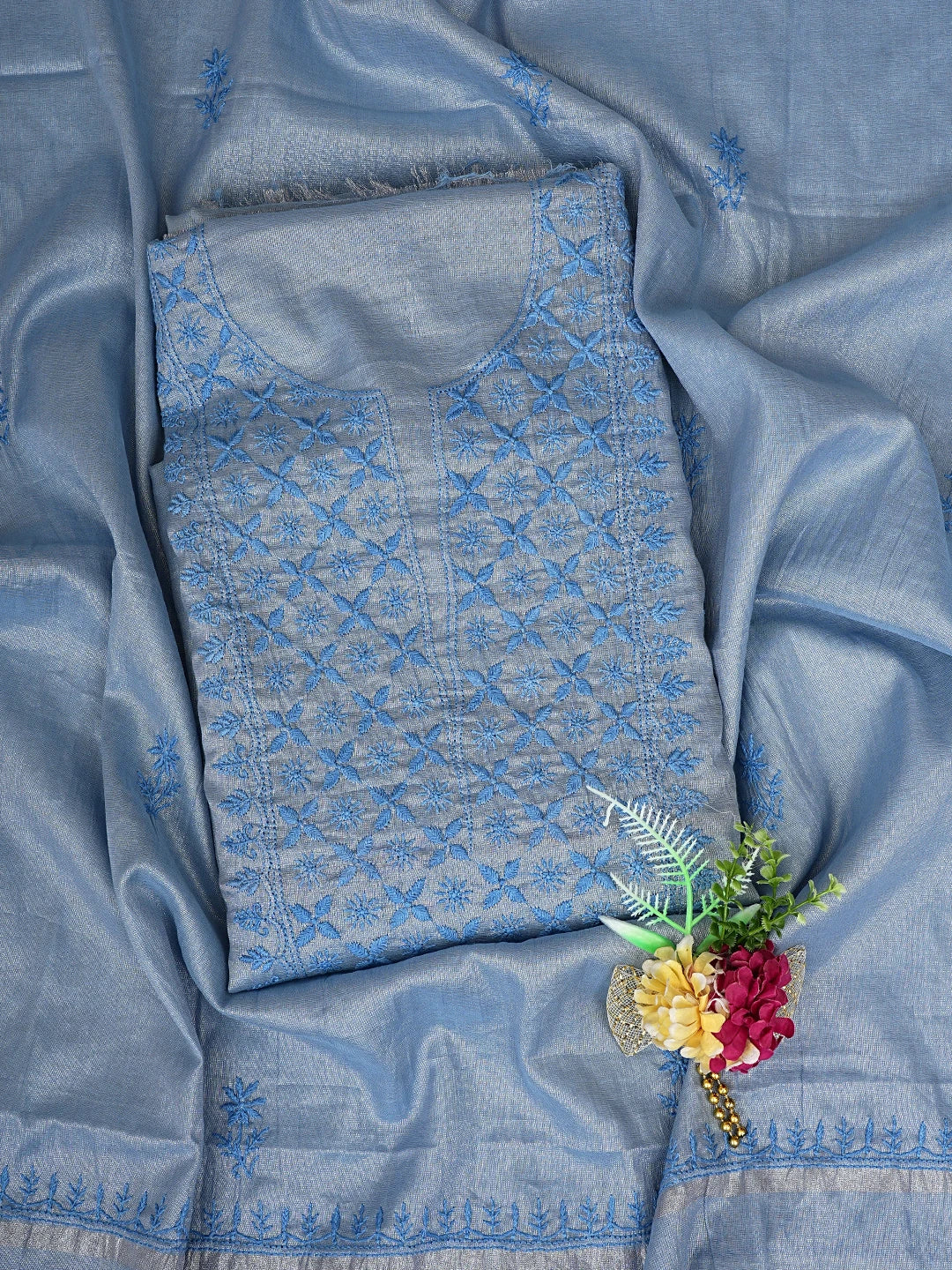 Ada Hand Embroidered Blueish Grey Tissue Lucknowi Chikankari Unstitched Kurta Dupatta Set 01A810659