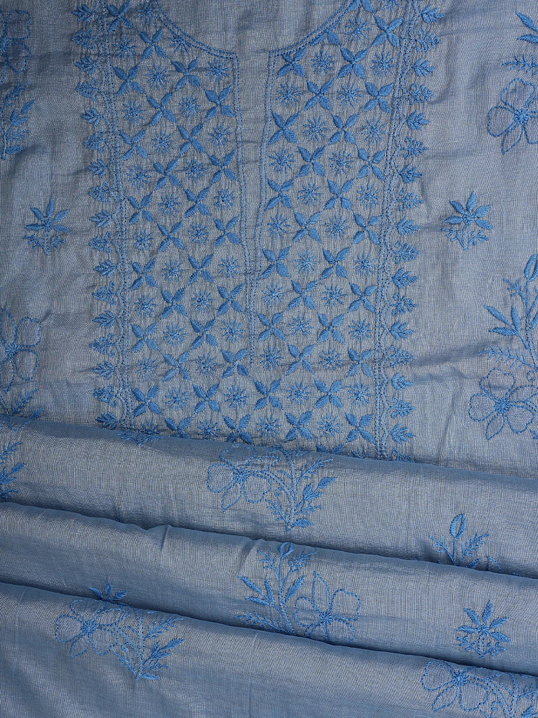 Ada Hand Embroidered Blueish Grey Tissue Lucknowi Chikankari Unstitched Kurta Dupatta Set 01A810659