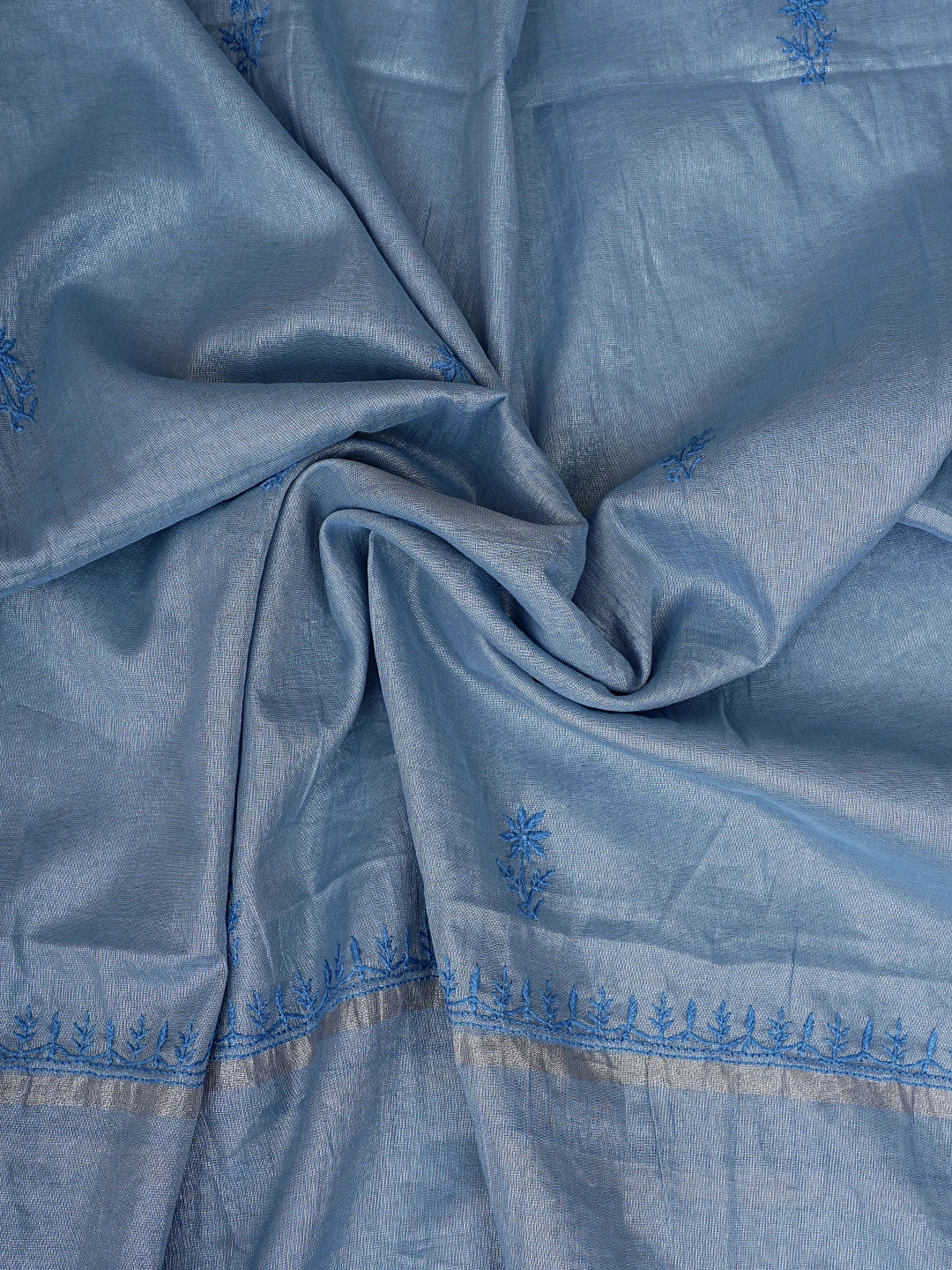 Ada Hand Embroidered Blueish Grey Tissue Lucknowi Chikankari Unstitched Kurta Dupatta Set 01A810659