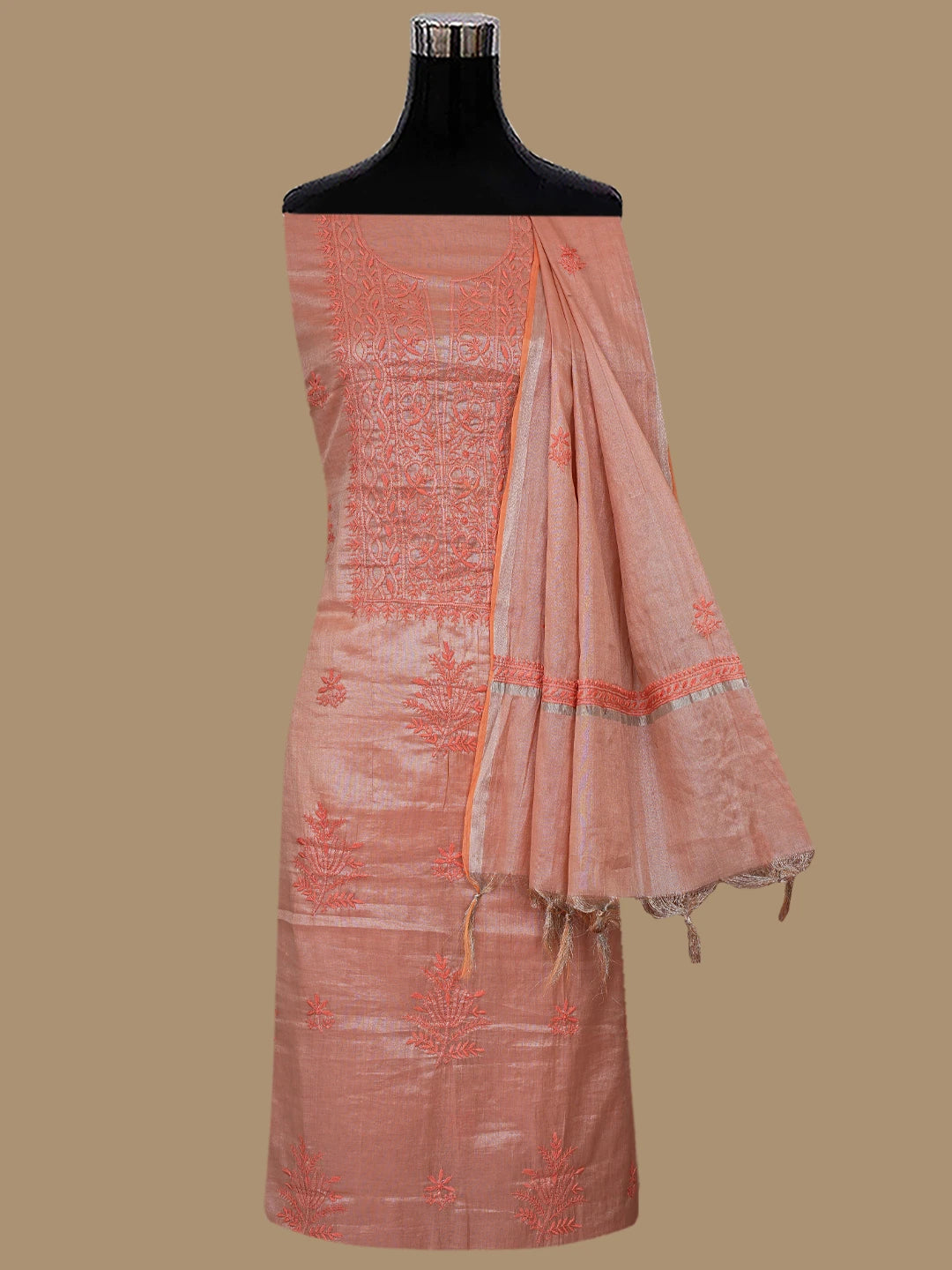 Ada Hand Embroidered Peach Tissue Lucknowi Chikankari Unstitched Kurta Dupatta Set 01A810678