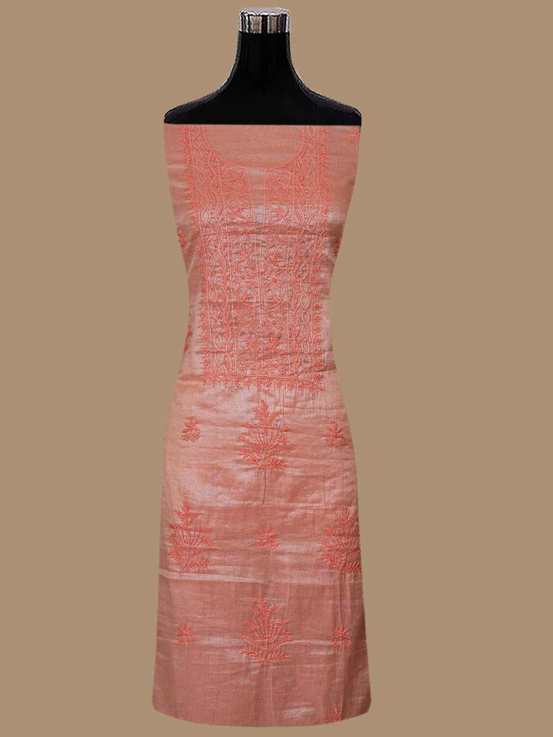 Ada Hand Embroidered Peach Tissue Lucknowi Chikankari Unstitched Kurta Dupatta Set 01A810678