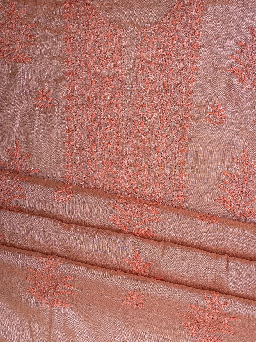 Ada Hand Embroidered Peach Tissue Lucknowi Chikankari Unstitched Kurta Dupatta Set 01A810678