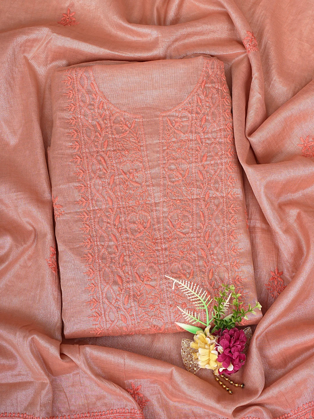 Ada Hand Embroidered Peach Tissue Lucknowi Chikankari Unstitched Kurta Dupatta Set 01A810678