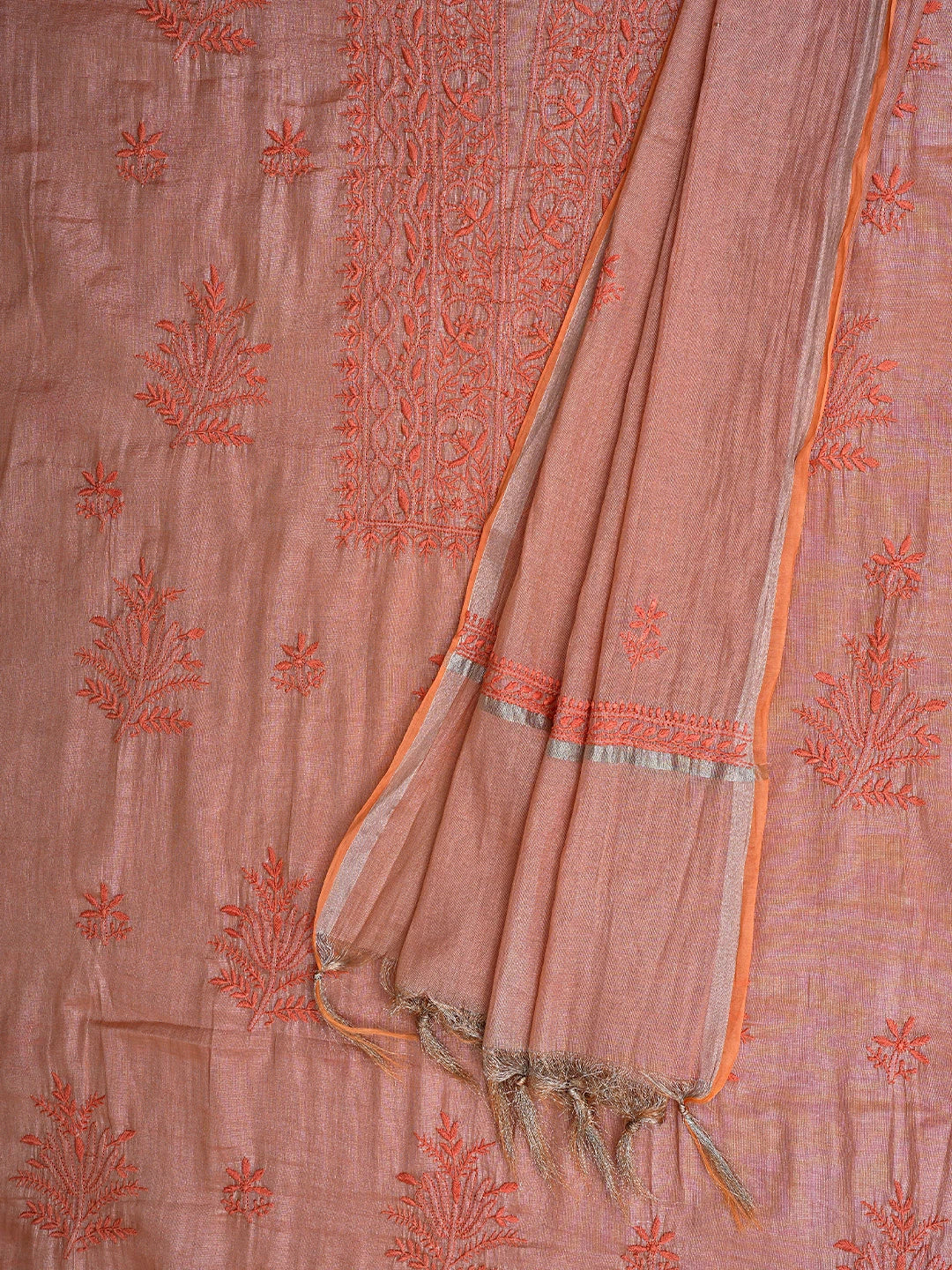 Ada Hand Embroidered Peach Tissue Lucknowi Chikankari Unstitched Kurta Dupatta Set 01A810678