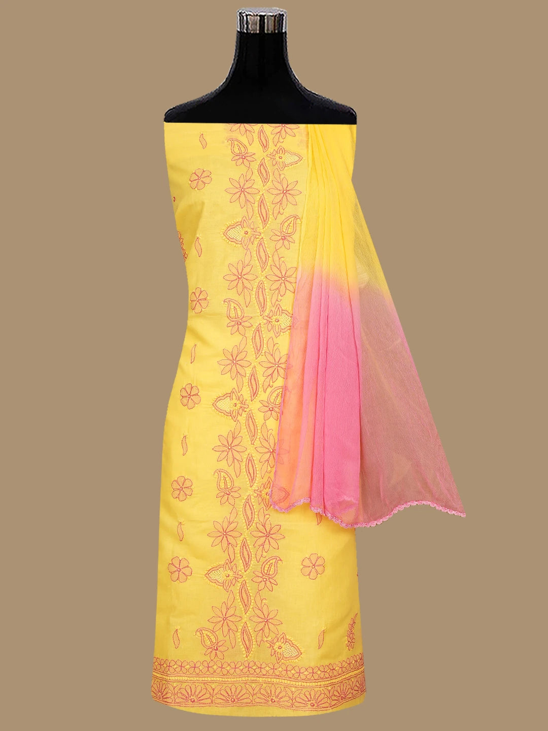 Ada Hand Embroidered Yellow Cotton Lucknowi Chikankari Unstitched Suit Set 01A821821