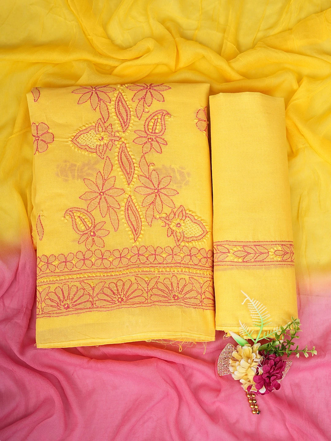 Ada Hand Embroidered Yellow Cotton Lucknowi Chikankari Unstitched Suit Set 01A821821