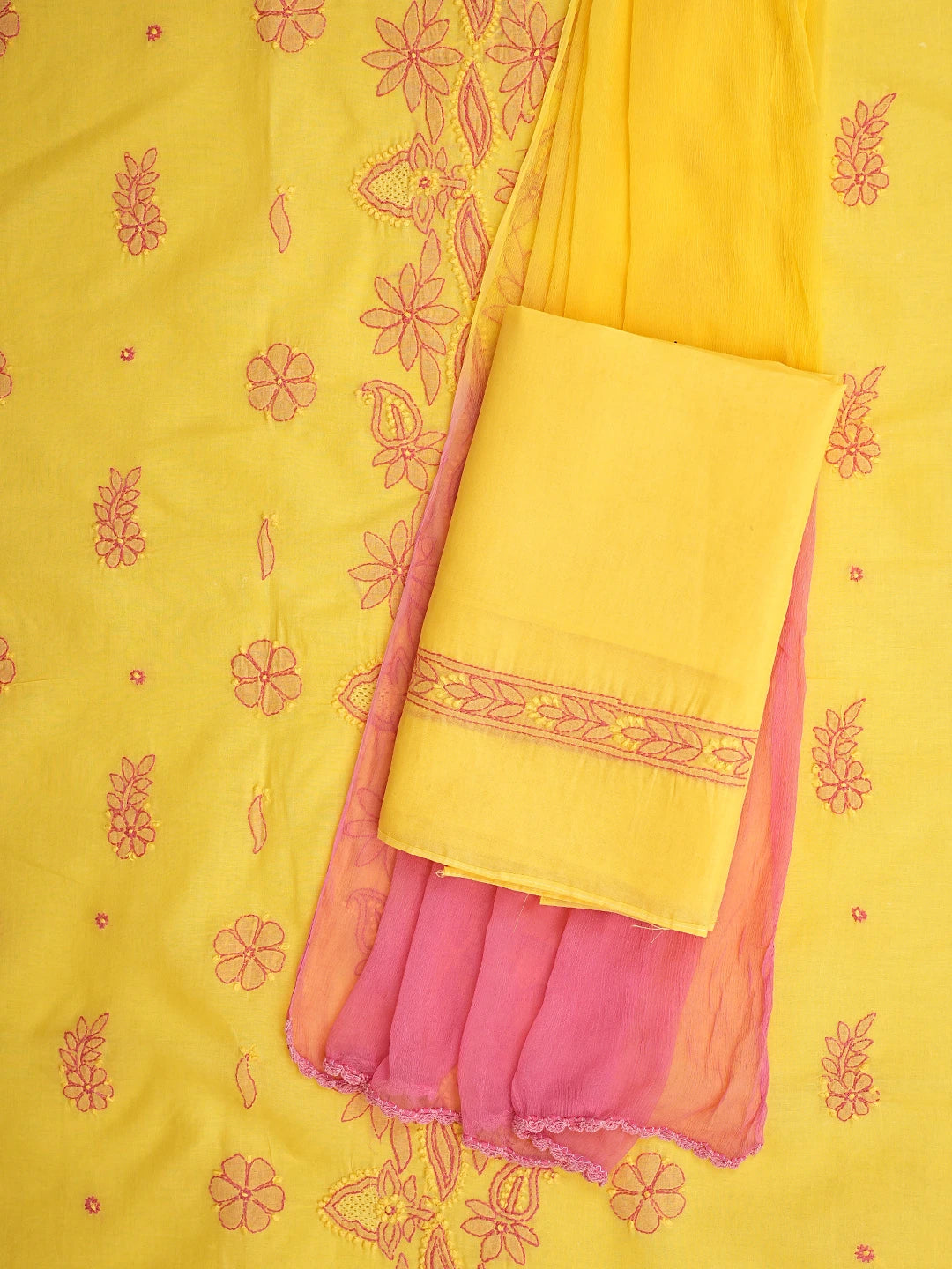 Ada Hand Embroidered Yellow Cotton Lucknowi Chikankari Unstitched Suit Set 01A821821