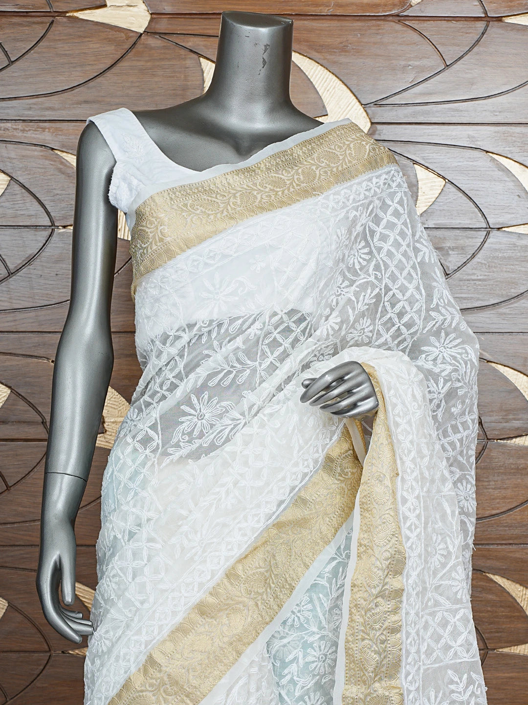 Ada Hand Embroidered White Organza Lucknowi Chikankari Saree and Blouse 01A850697