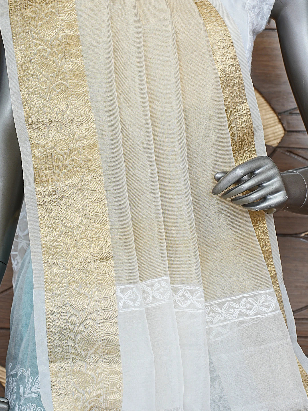 Ada Hand Embroidered White Organza Lucknowi Chikankari Saree and Blouse 01A850697