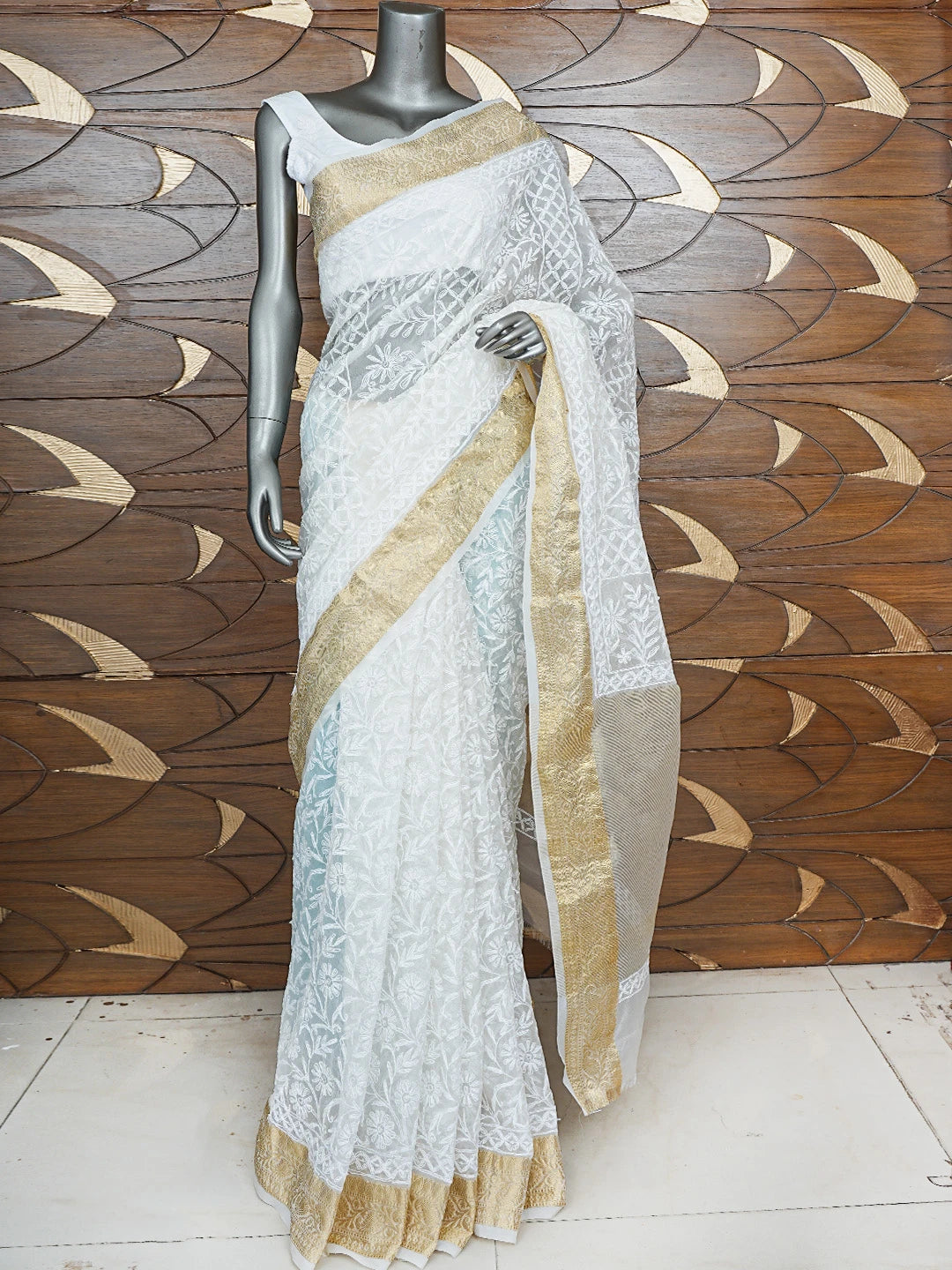 Ada Hand Embroidered White Organza Lucknowi Chikankari Saree and Blouse 01A850697