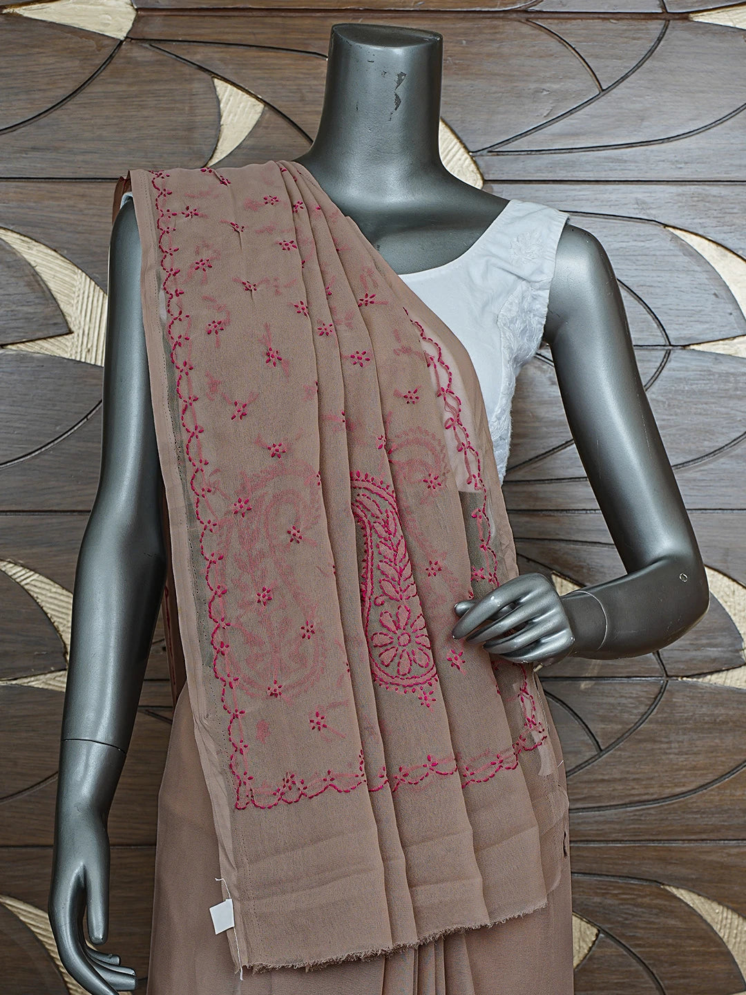 Ada Hand Embroidered Brown Georgette Lucknowi Chikankari Saree With Blouse 01A853717