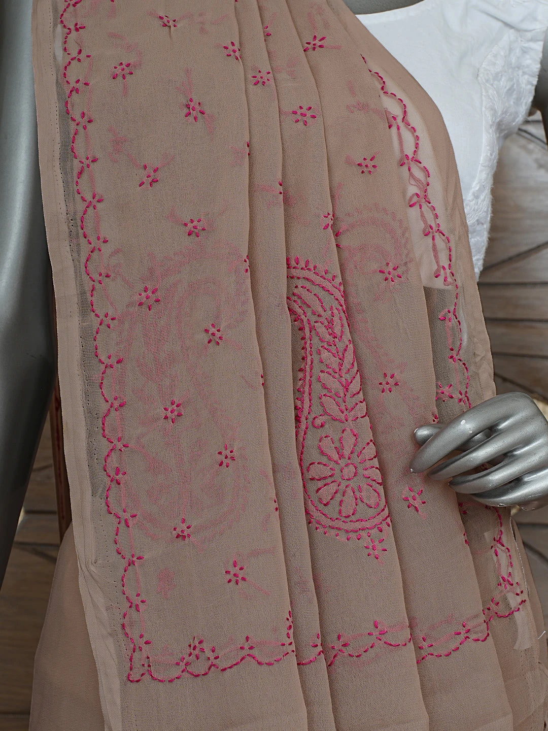 Ada Hand Embroidered Brown Georgette Lucknowi Chikankari Saree With Blouse 01A853717
