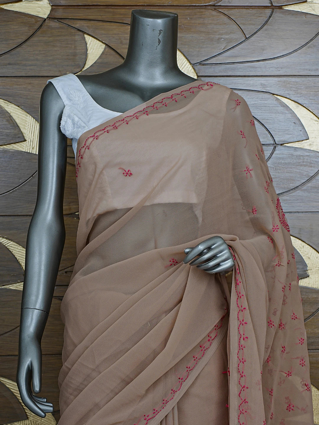 Ada Hand Embroidered Brown Georgette Lucknowi Chikankari Saree With Blouse 01A853717