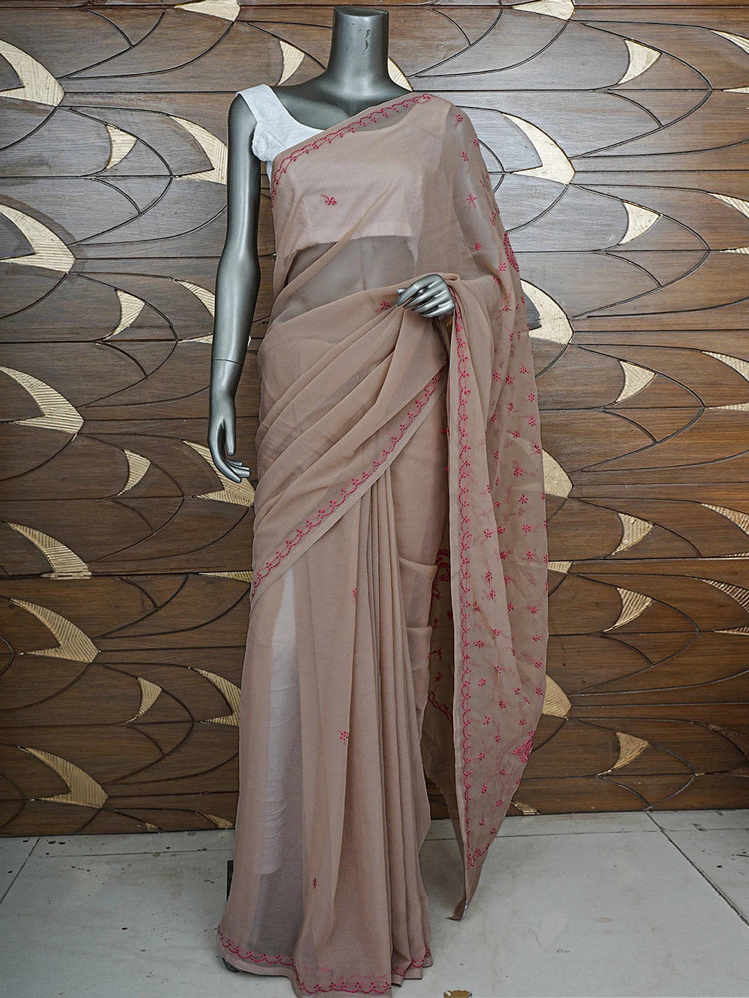 Ada Hand Embroidered Brown Georgette Lucknowi Chikankari Saree With Blouse 01A853717