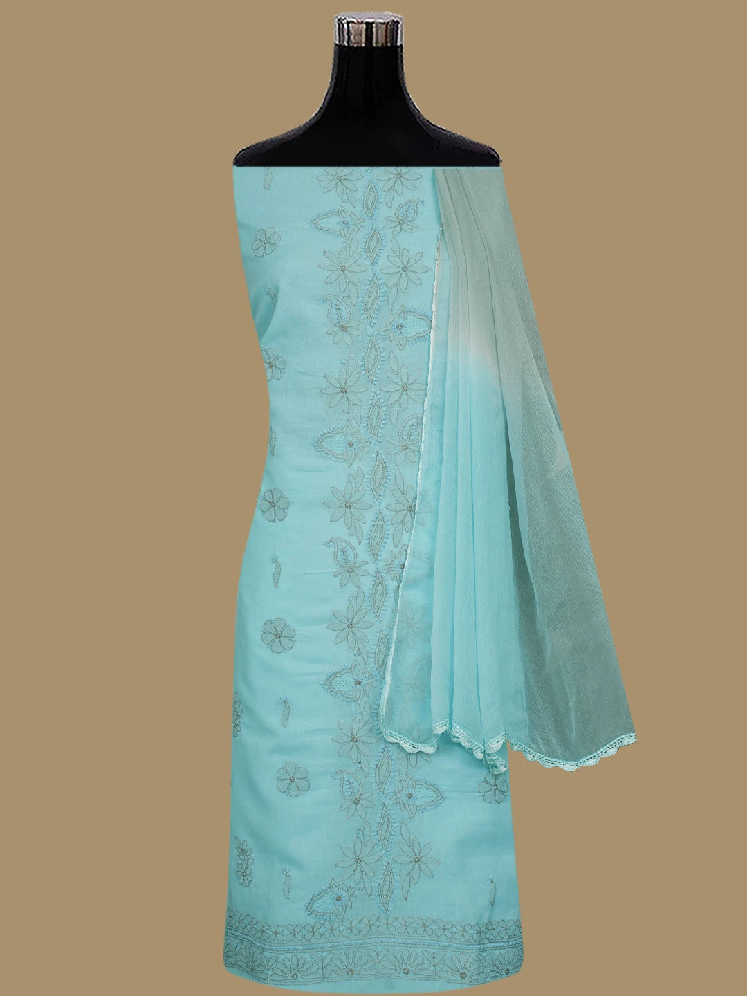 Ada Hand Embroidered Blue Cotton Lucknowi Chikankari Unstitched Suit Set 01A821815