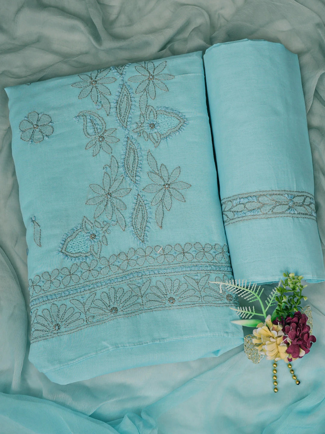 Ada Hand Embroidered Blue Cotton Lucknowi Chikankari Unstitched Suit Set 01A821815