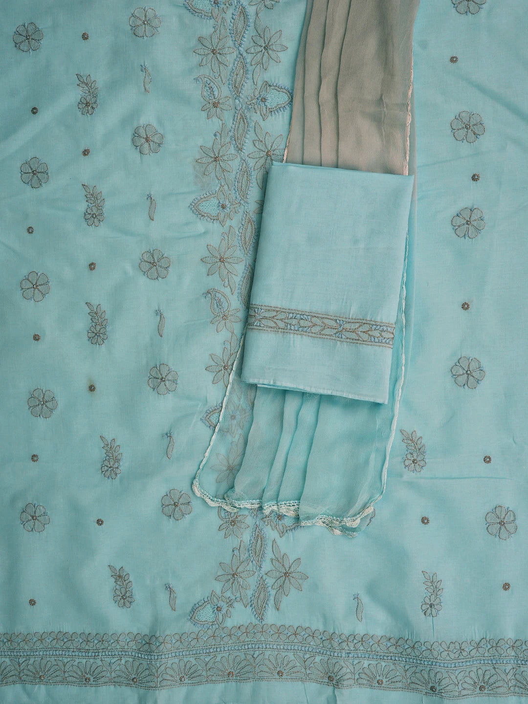 Ada Hand Embroidered Blue Cotton Lucknowi Chikankari Unstitched Suit Set 01A821815