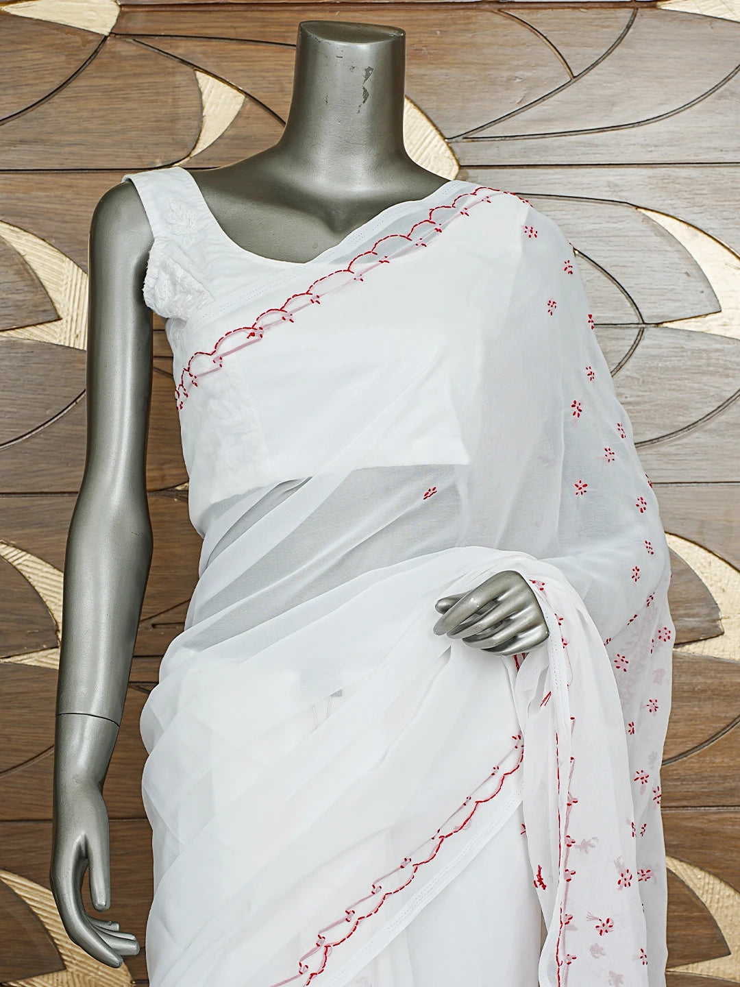 Ada Hand Embroidered White Georgette Lucknowi Chikankari Saree With Blouse 01A853751