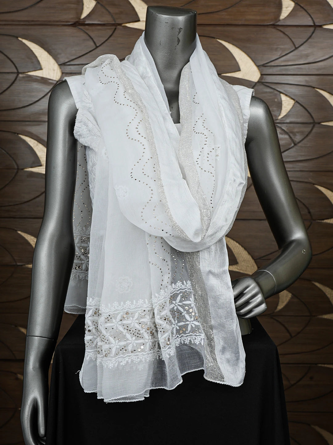 Ada Hand Embroidered White Chiffon Lucknowi Chikankari Dupatta With Muqaish Work 01A731207