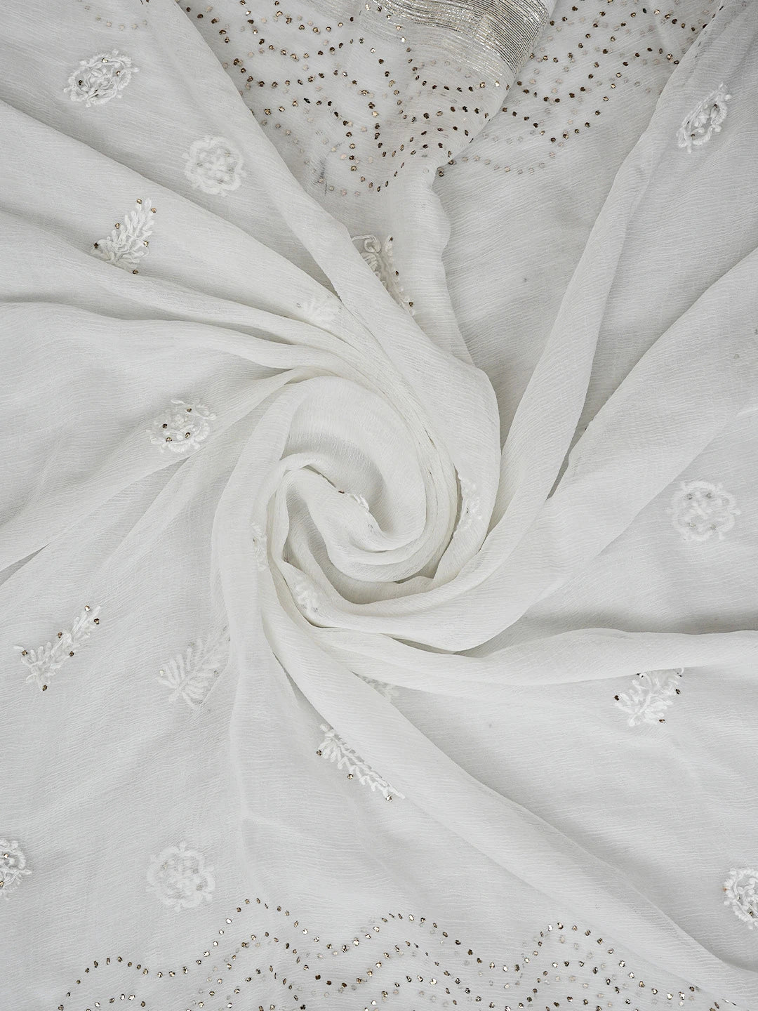 Ada Hand Embroidered White Chiffon Lucknowi Chikankari Dupatta With Muqaish Work 01A731207
