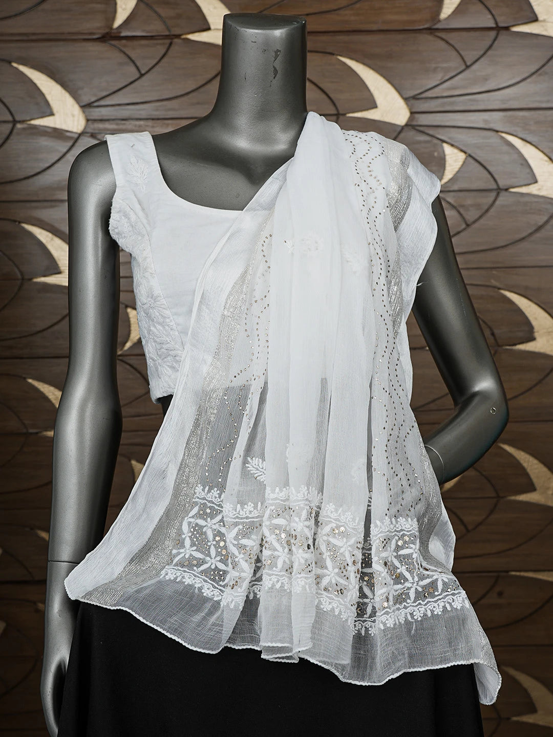 Ada Hand Embroidered White Chiffon Lucknowi Chikankari Dupatta With Muqaish Work 01A731207