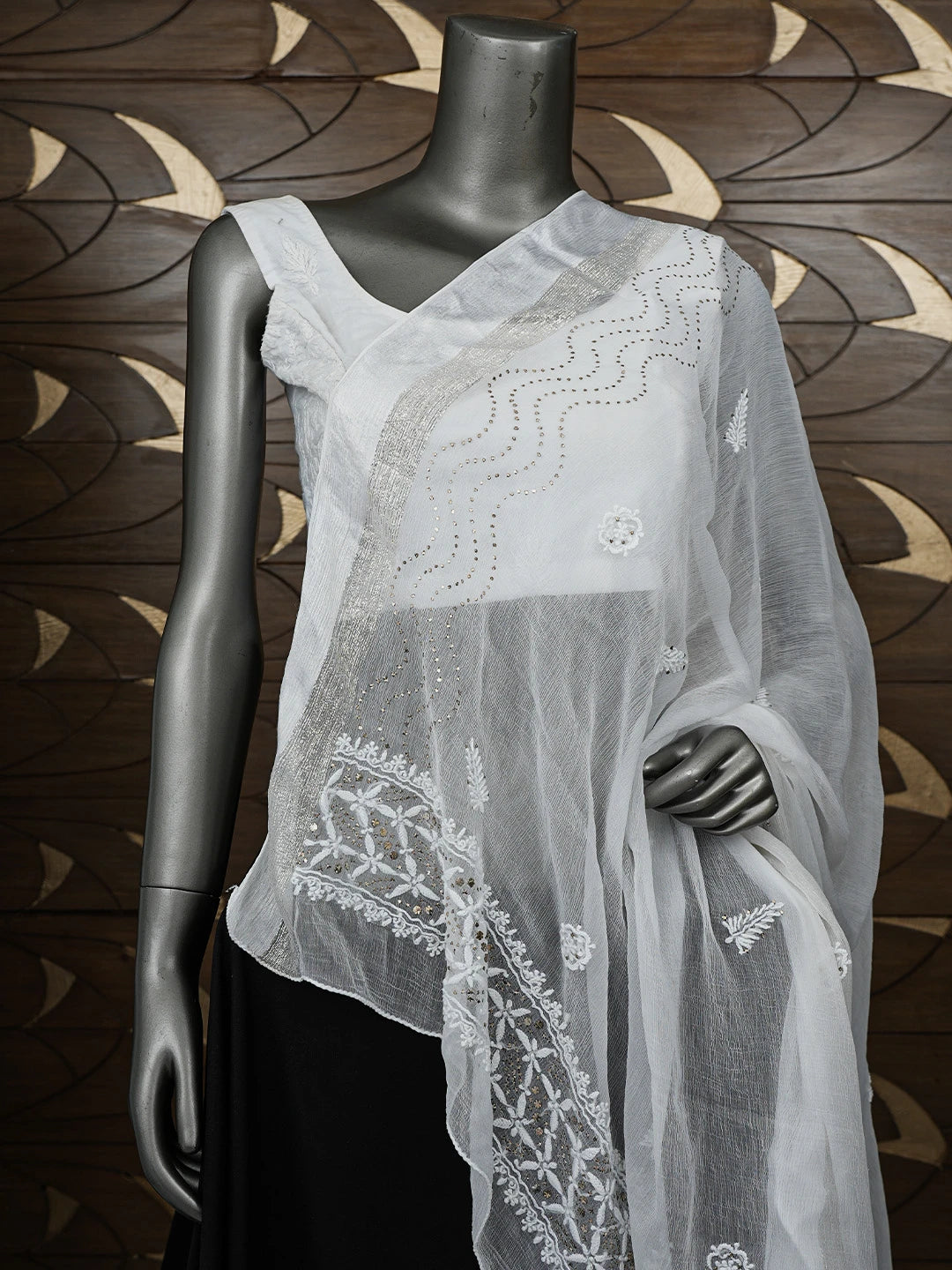 Ada Hand Embroidered White Chiffon Lucknowi Chikankari Dupatta With Muqaish Work 01A731207
