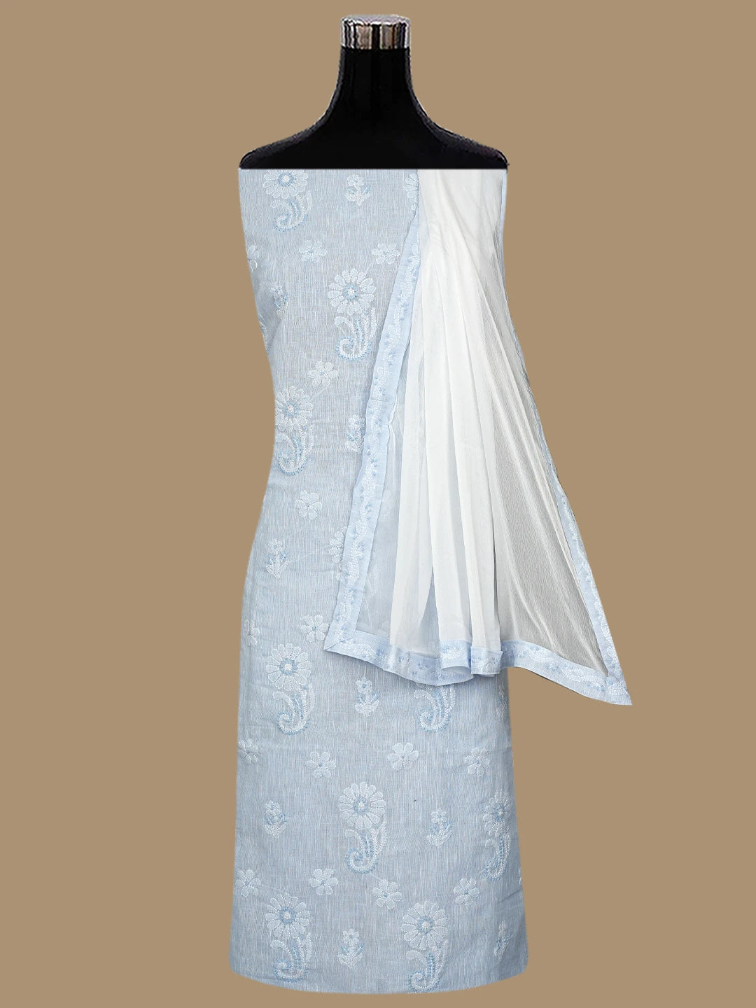 Ada Hand Embroidered Powder Blue Linen Lucknowi Chikankari Unstitched Suit Set 01A836612