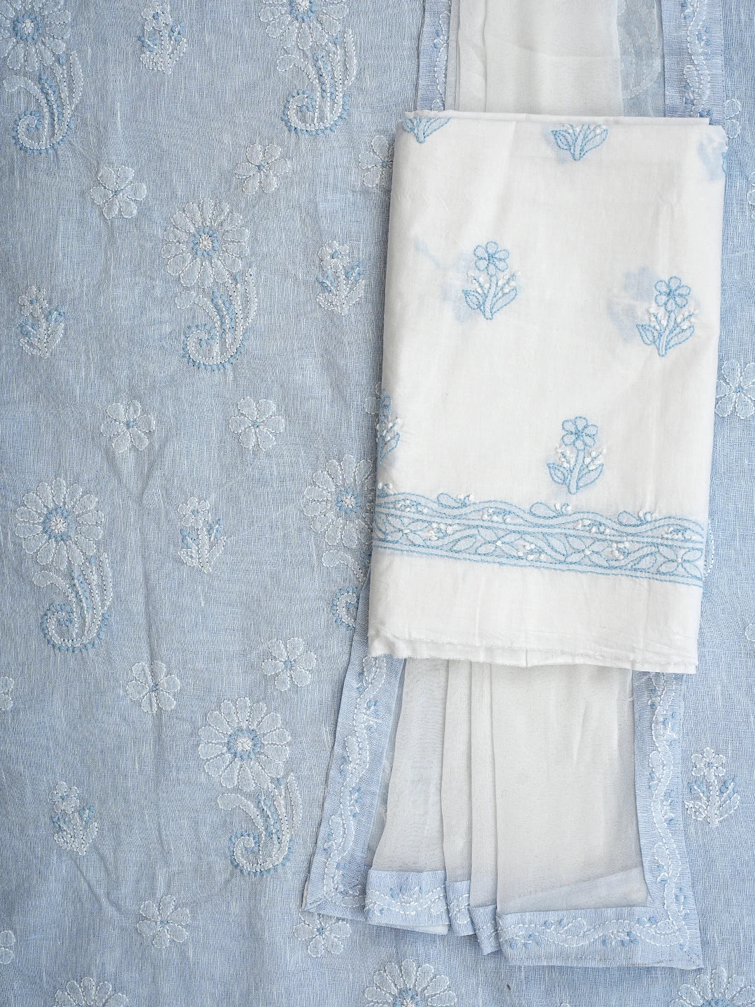 Ada Hand Embroidered Powder Blue Linen Lucknowi Chikankari Unstitched Suit Set 01A836612