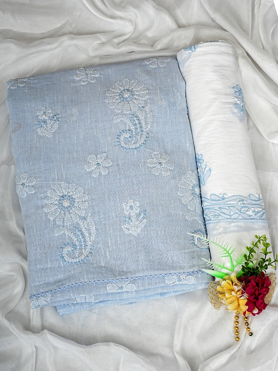 Ada Hand Embroidered Powder Blue Linen Lucknowi Chikankari Unstitched Suit Set 01A836612
