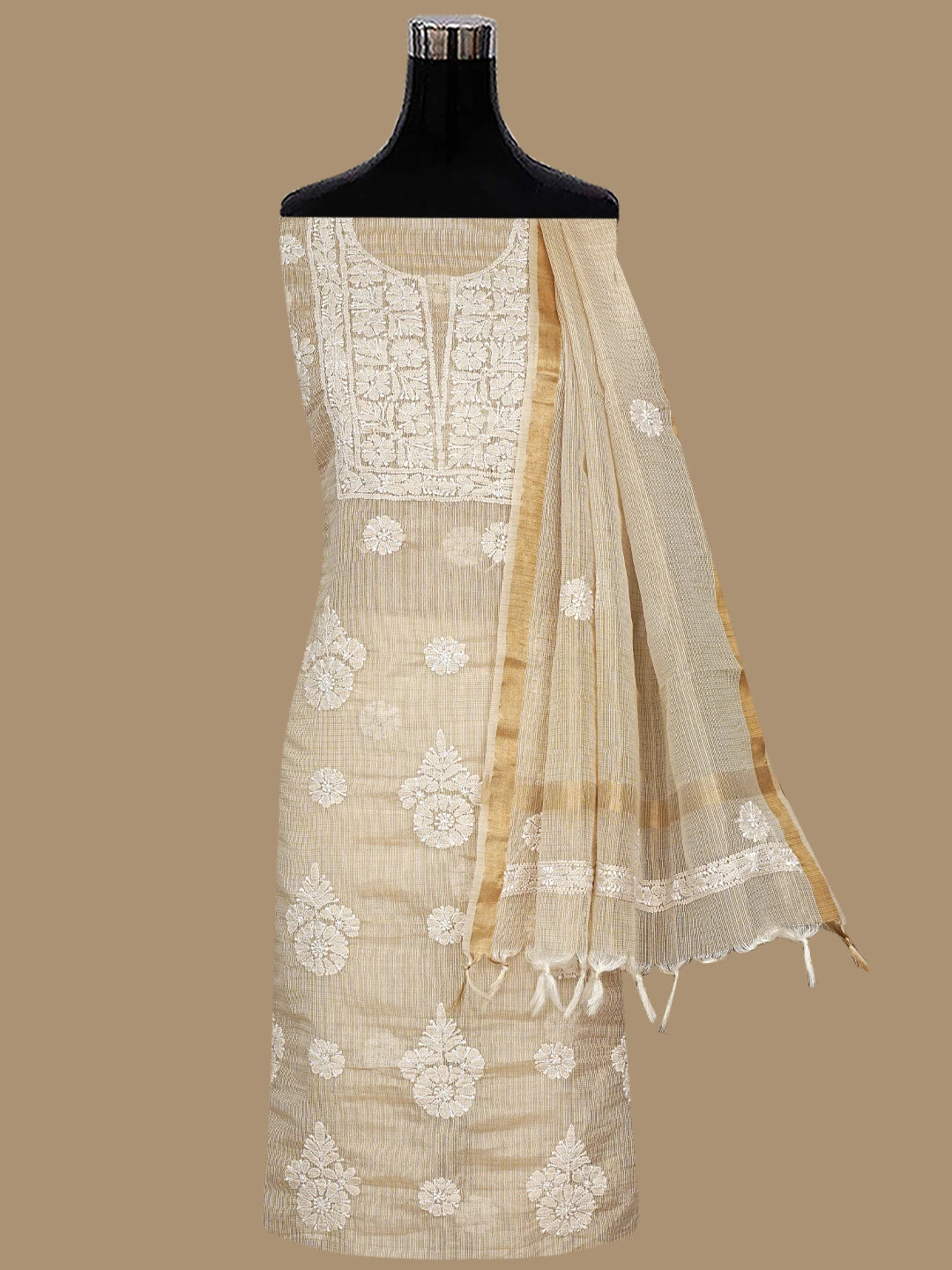 Ada Hand Embroidered Fawn Kota Lucknowi Chikankari Unstitched Kurta Dupatta Set 01A795148