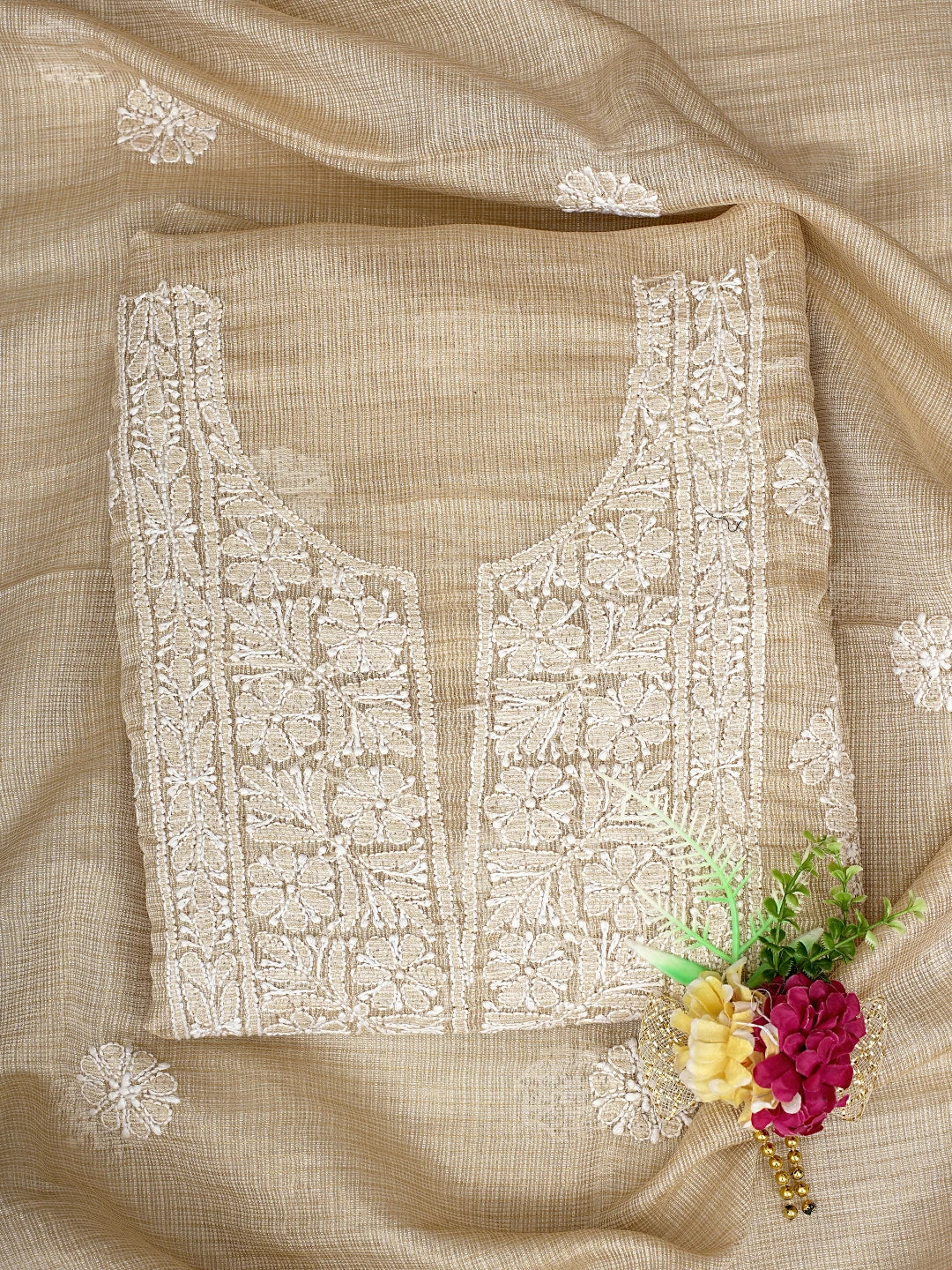 Ada Hand Embroidered Fawn Kota Lucknowi Chikankari Unstitched Kurta Dupatta Set 01A795148