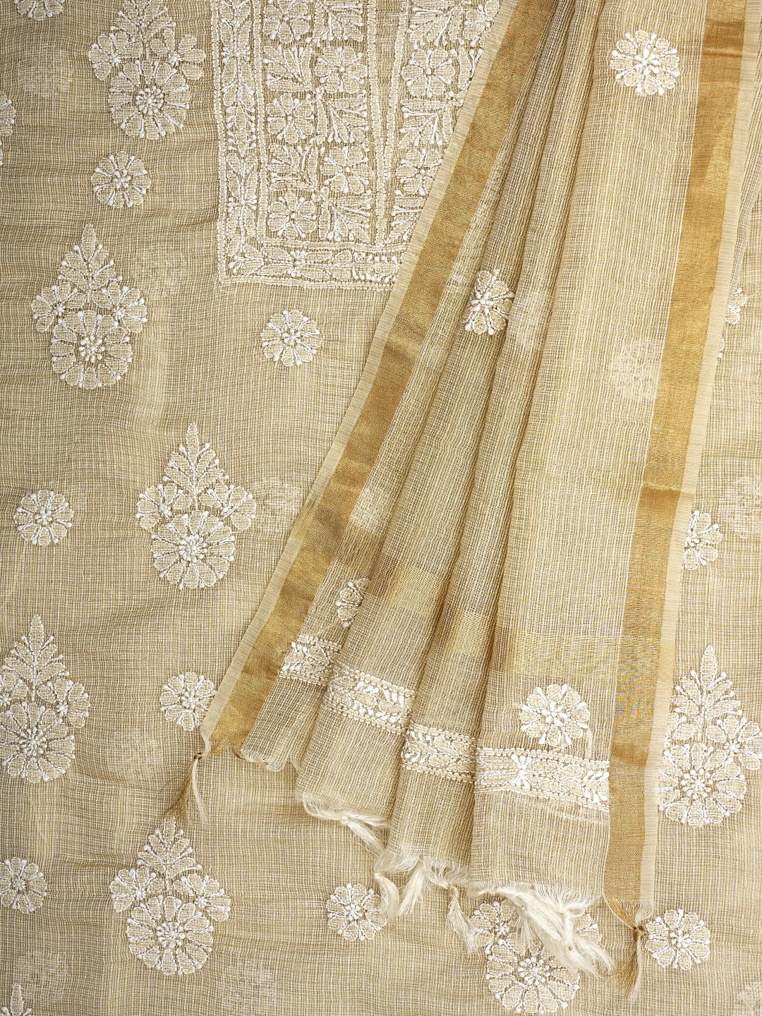 Ada Hand Embroidered Fawn Kota Lucknowi Chikankari Unstitched Kurta Dupatta Set 01A795148