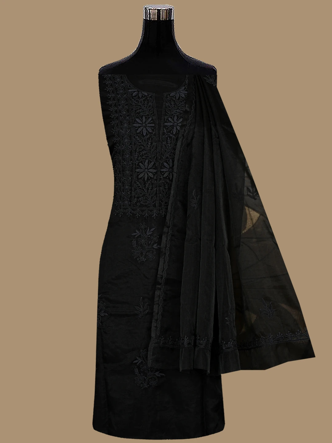 Ada Hand Embroidered Black Organza Lucknowi Chikankari Unstitched Kurta Dupatta Set 01A121874