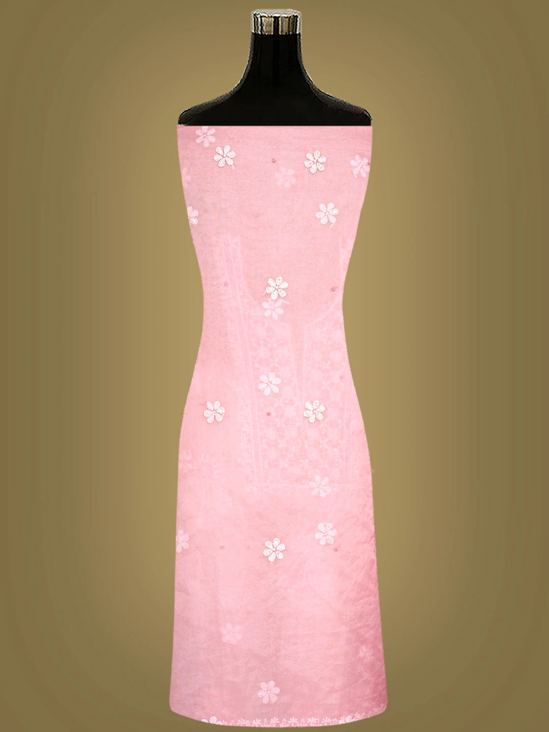 Ada Hand Embroidered Peach Organza Lucknowi Chikankari Unstitched Kurta Dupatta Set With Sequinned Work 01A831627