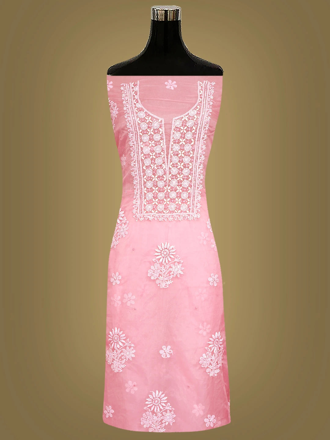 Ada Hand Embroidered Peach Organza Lucknowi Chikankari Unstitched Kurta Dupatta Set With Sequinned Work 01A831627