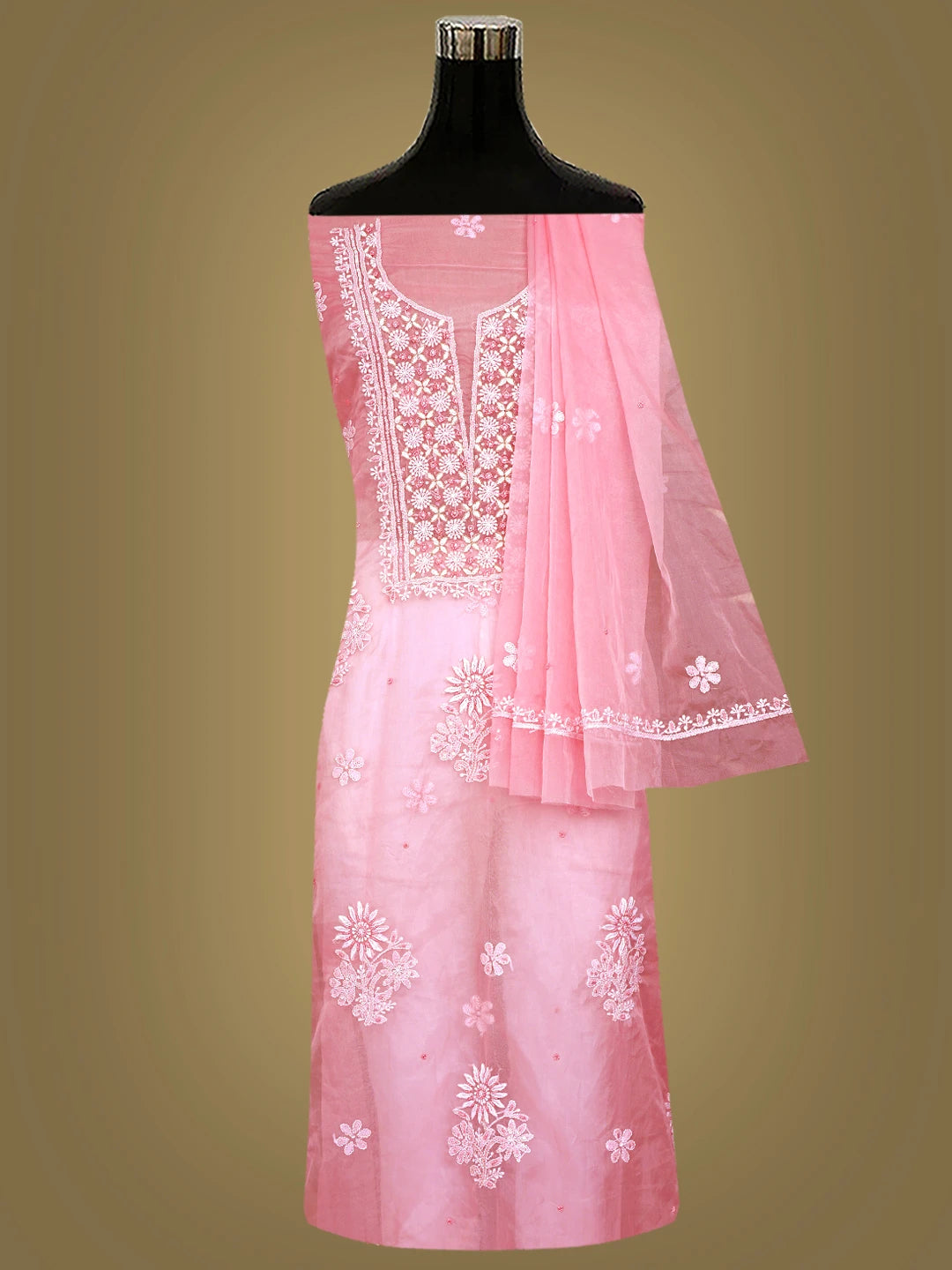 Ada Hand Embroidered Peach Organza Lucknowi Chikankari Unstitched Kurta Dupatta Set With Sequinned Work 01A831627