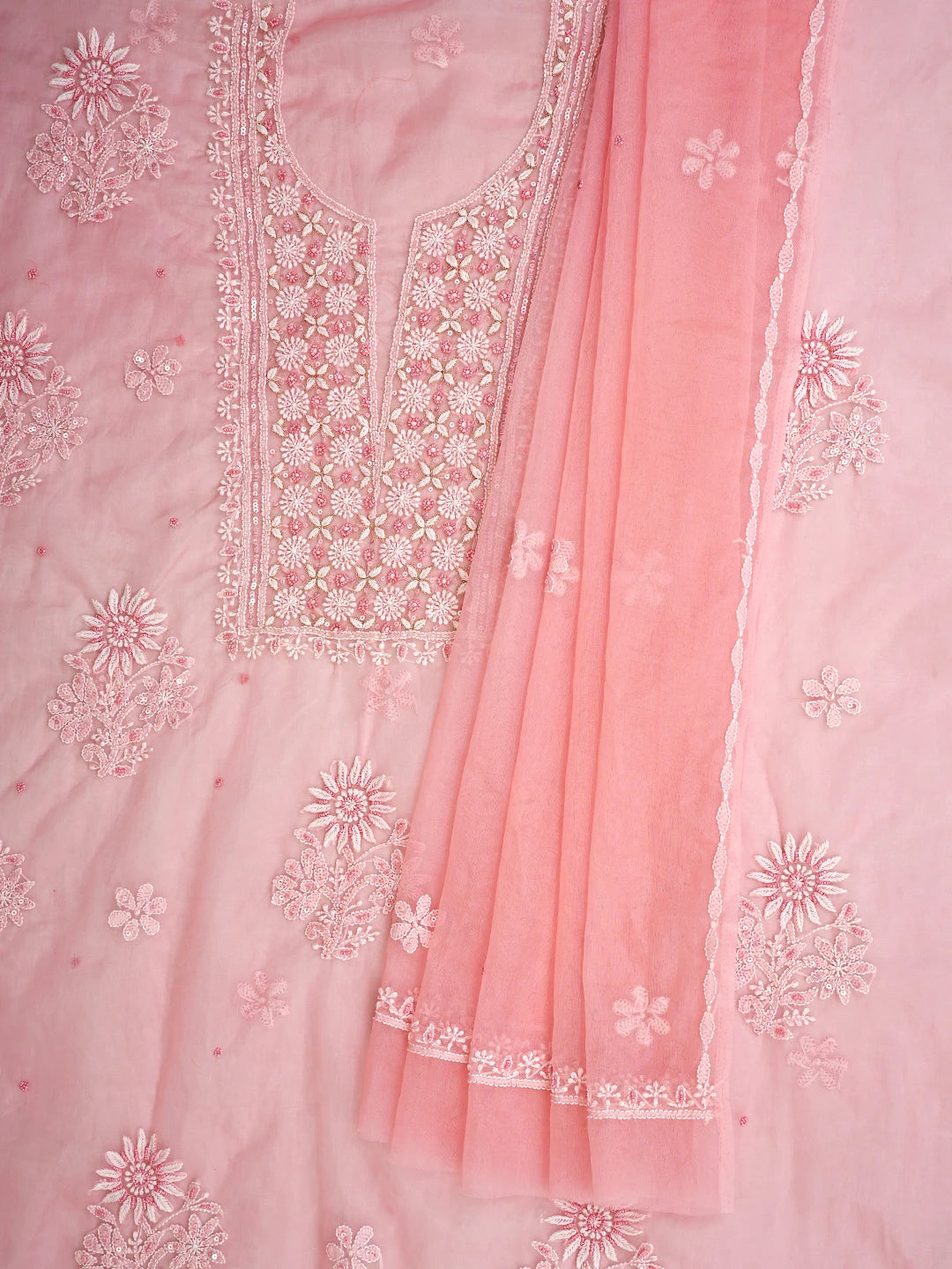 Ada Hand Embroidered Peach Organza Lucknowi Chikankari Unstitched Kurta Dupatta Set With Sequinned Work 01A831627