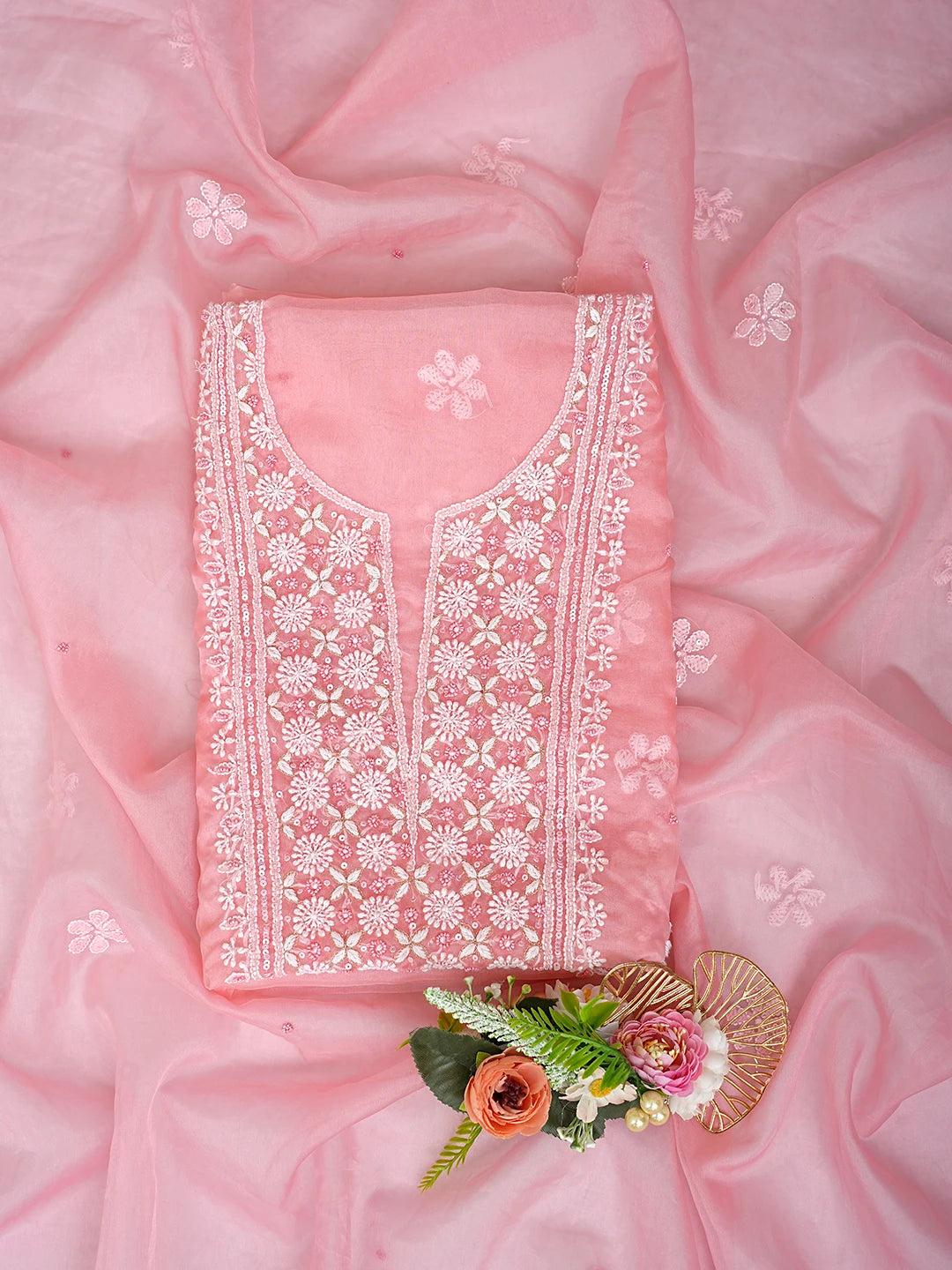 Ada Hand Embroidered Peach Organza Lucknowi Chikankari Unstitched Kurta Dupatta Set With Sequinned Work 01A831627