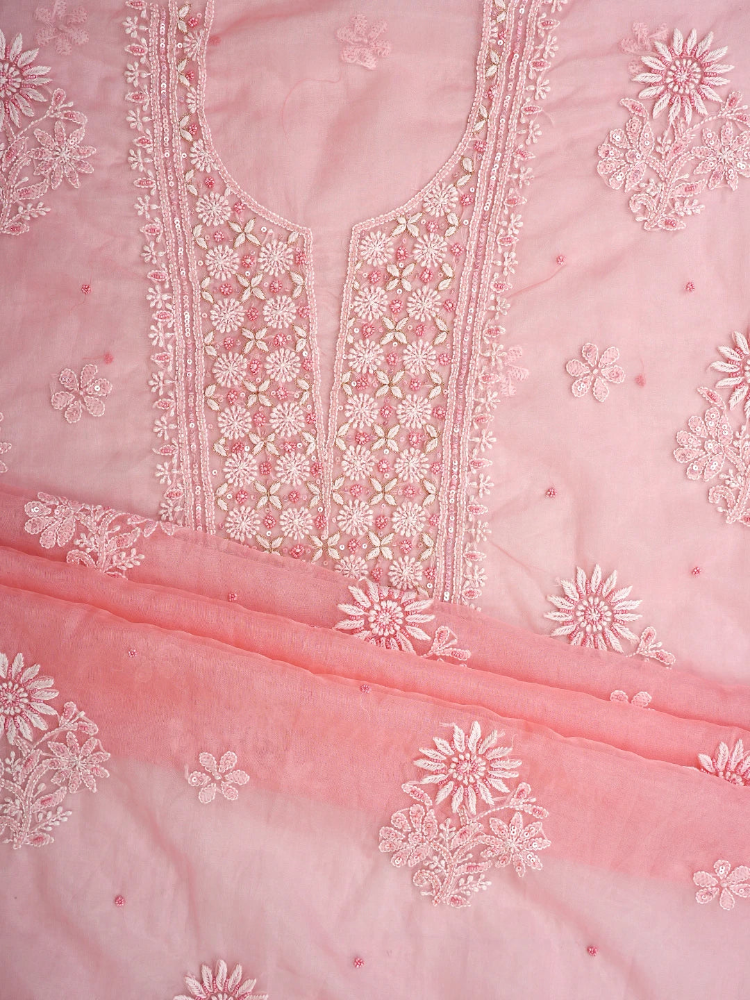 Ada Hand Embroidered Peach Organza Lucknowi Chikankari Unstitched Kurta Dupatta Set With Sequinned Work 01A831627