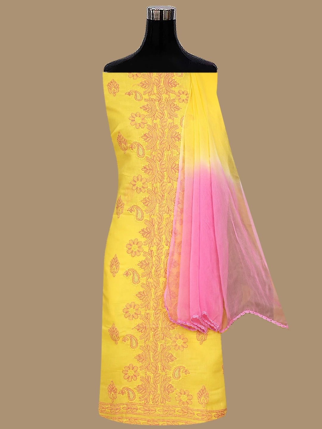 Ada Hand Embroidered Bright Yellow Cotton Lucknowi Chikankari Unstitched Suit Set 01A821820
