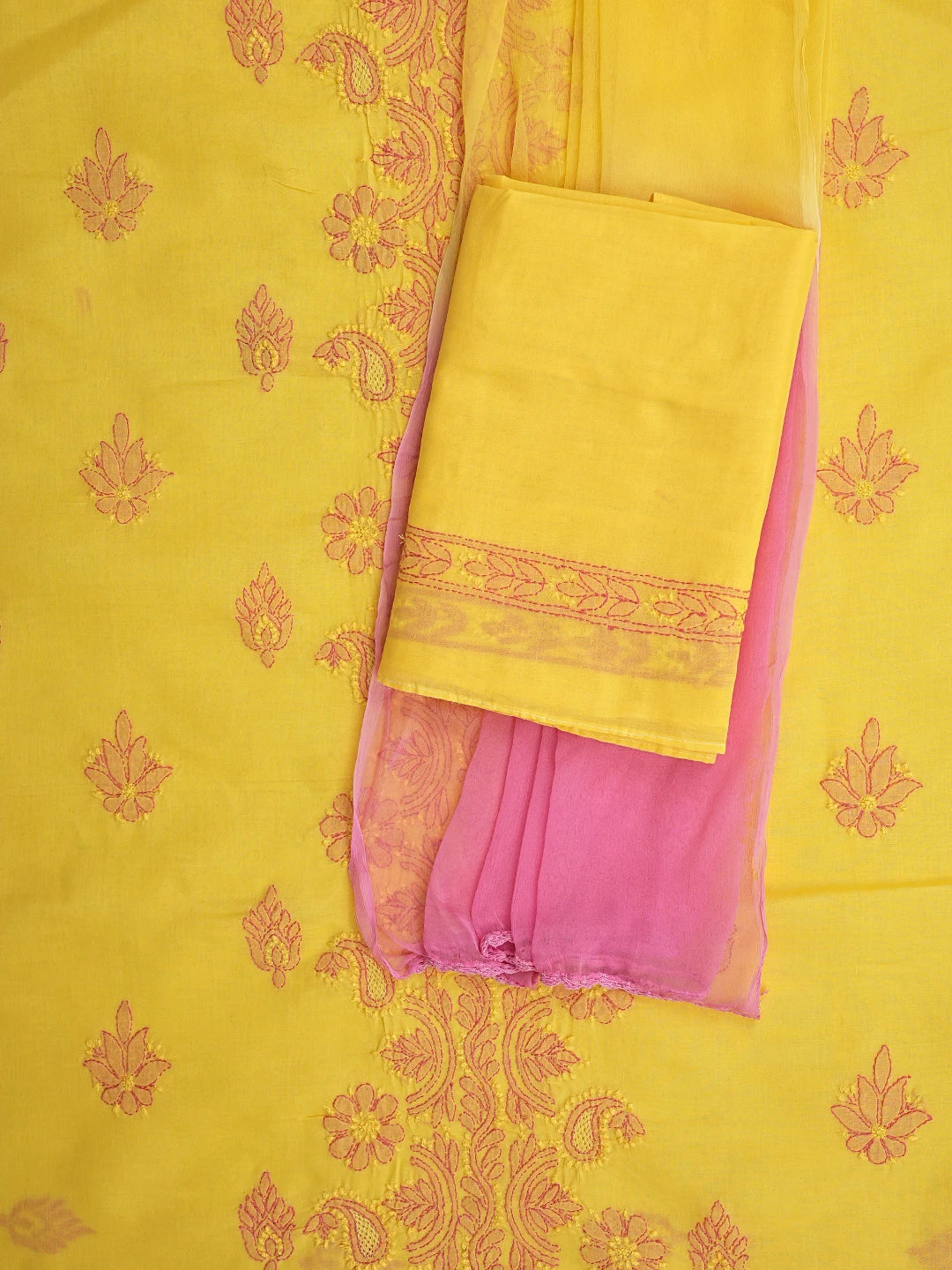 Ada Hand Embroidered Bright Yellow Cotton Lucknowi Chikankari Unstitched Suit Set 01A821820