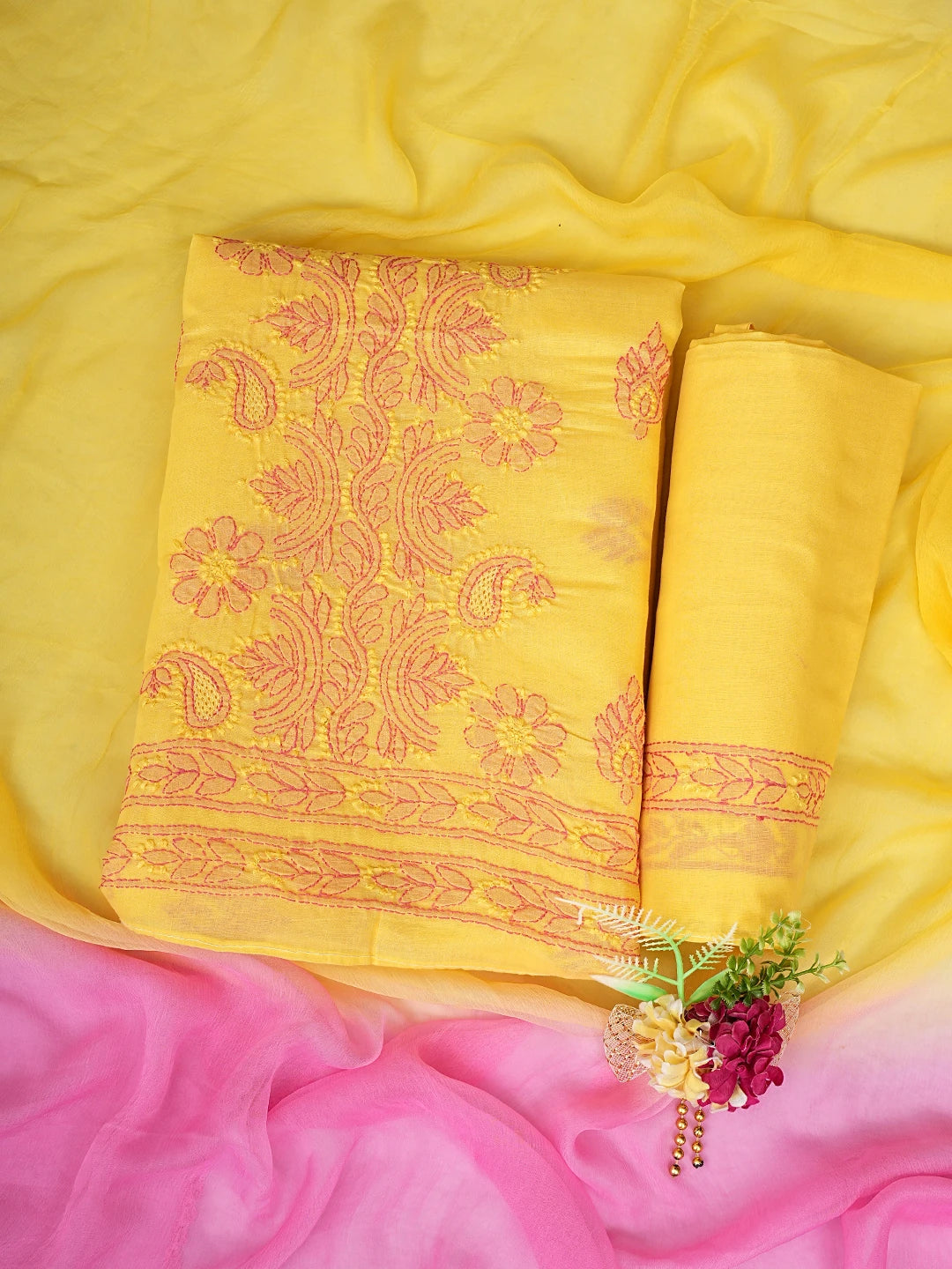 Ada Hand Embroidered Bright Yellow Cotton Lucknowi Chikankari Unstitched Suit Set 01A821820