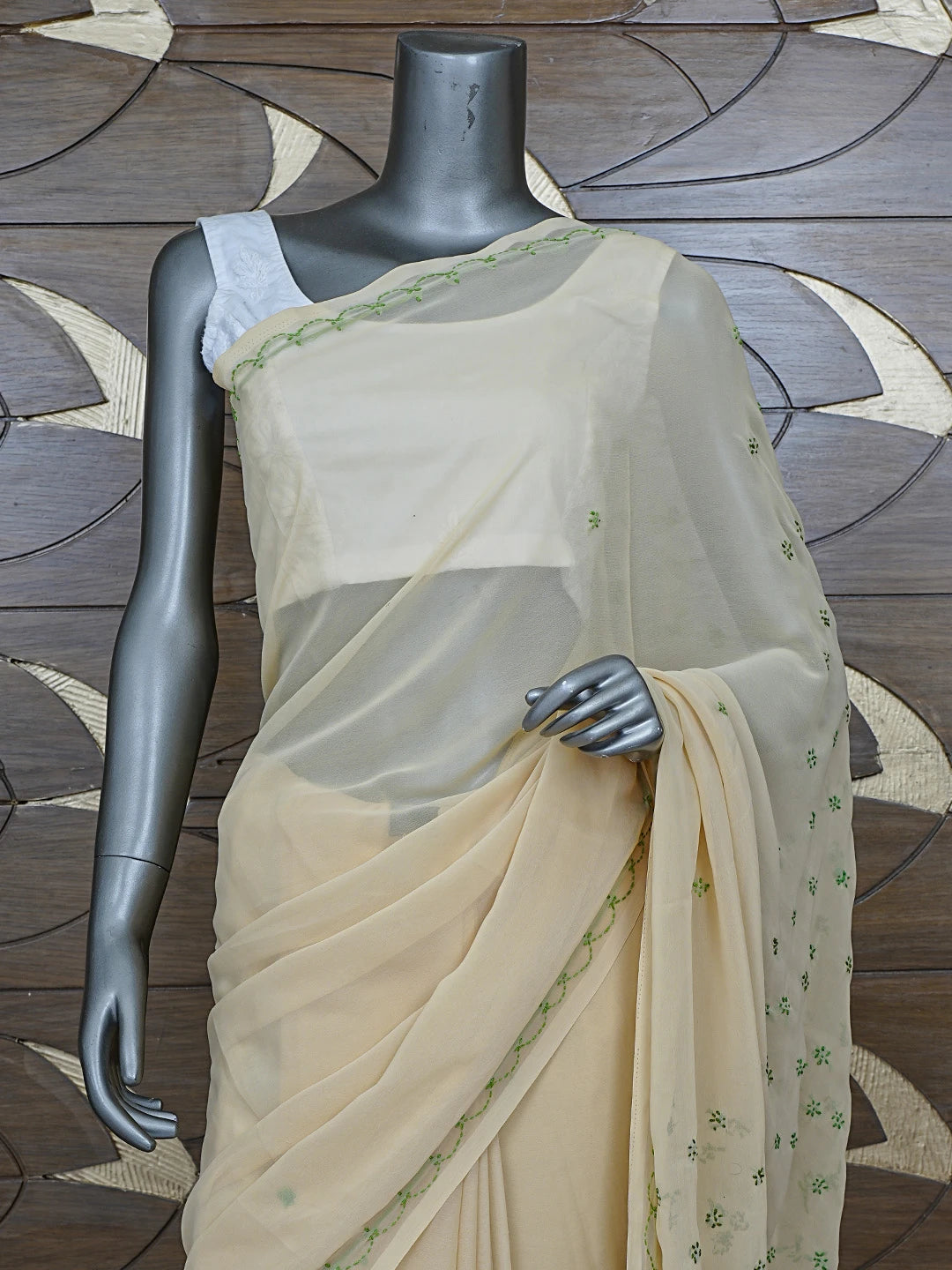 Ada Hand Embroidered Fawn Georgette Lucknowi Chikankari Saree With Blouse 01A853711