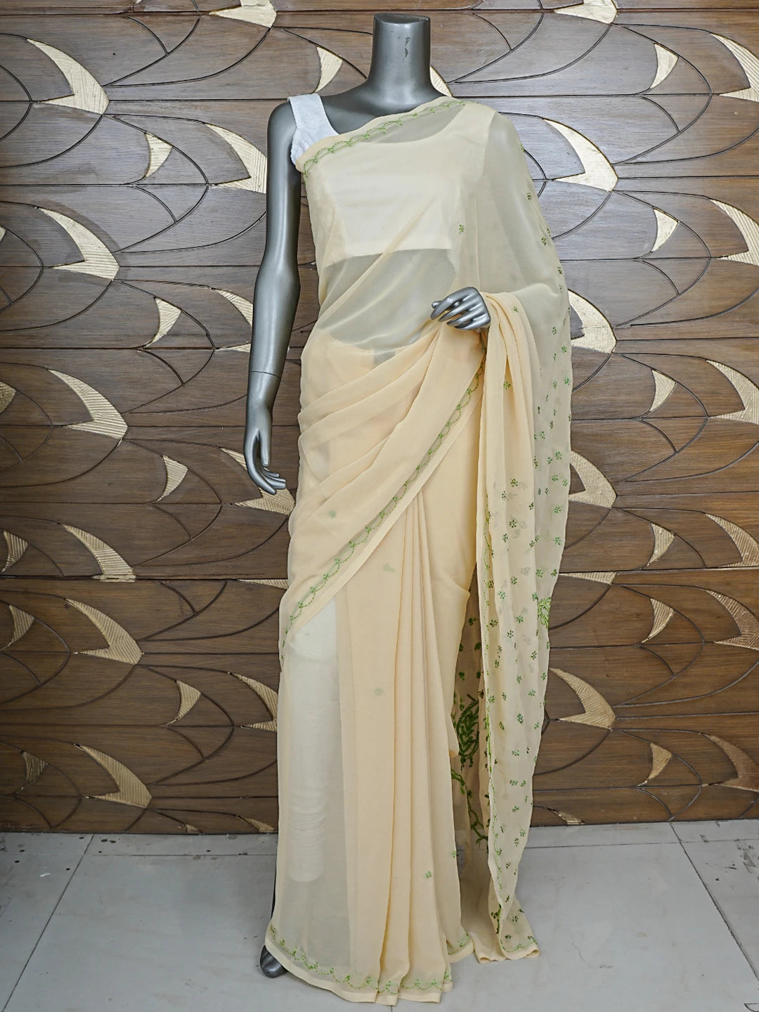 Ada Hand Embroidered Fawn Georgette Lucknowi Chikankari Saree With Blouse 01A853711