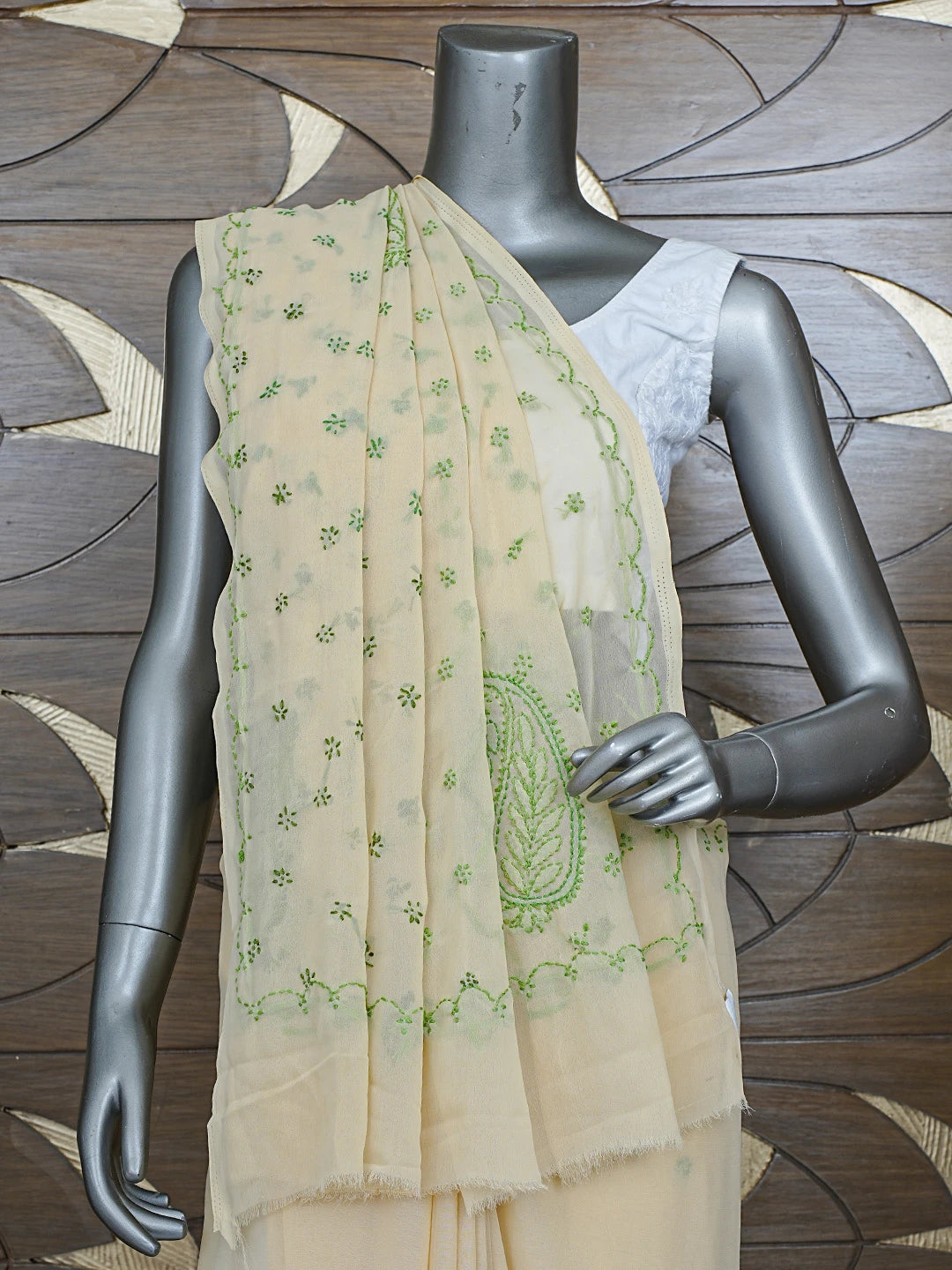 Ada Hand Embroidered Fawn Georgette Lucknowi Chikankari Saree With Blouse 01A853711