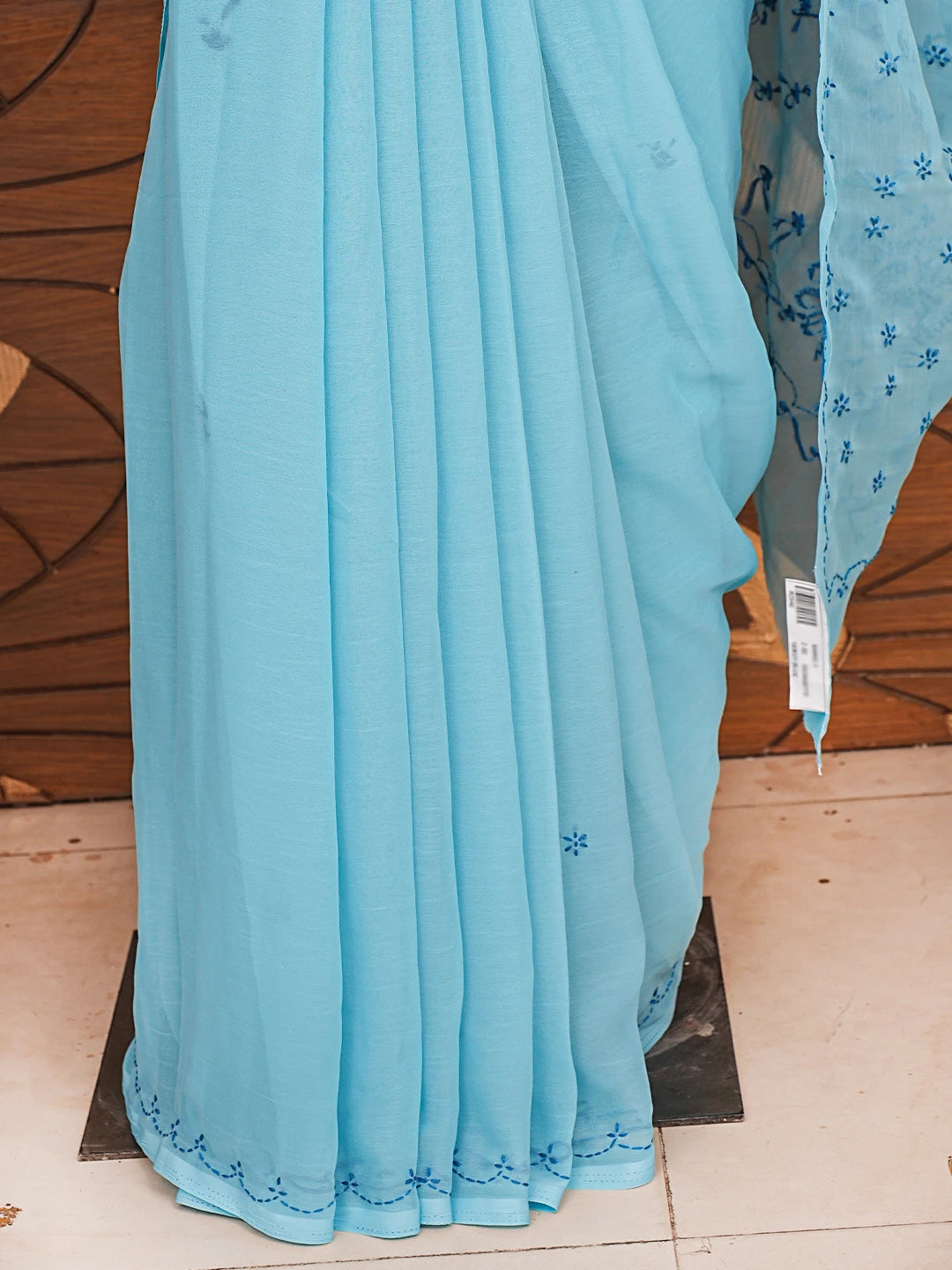Ada Hand Embroidered Sky Blue Georgette Lucknowi Chikankari Saree With Blouse 01A853729