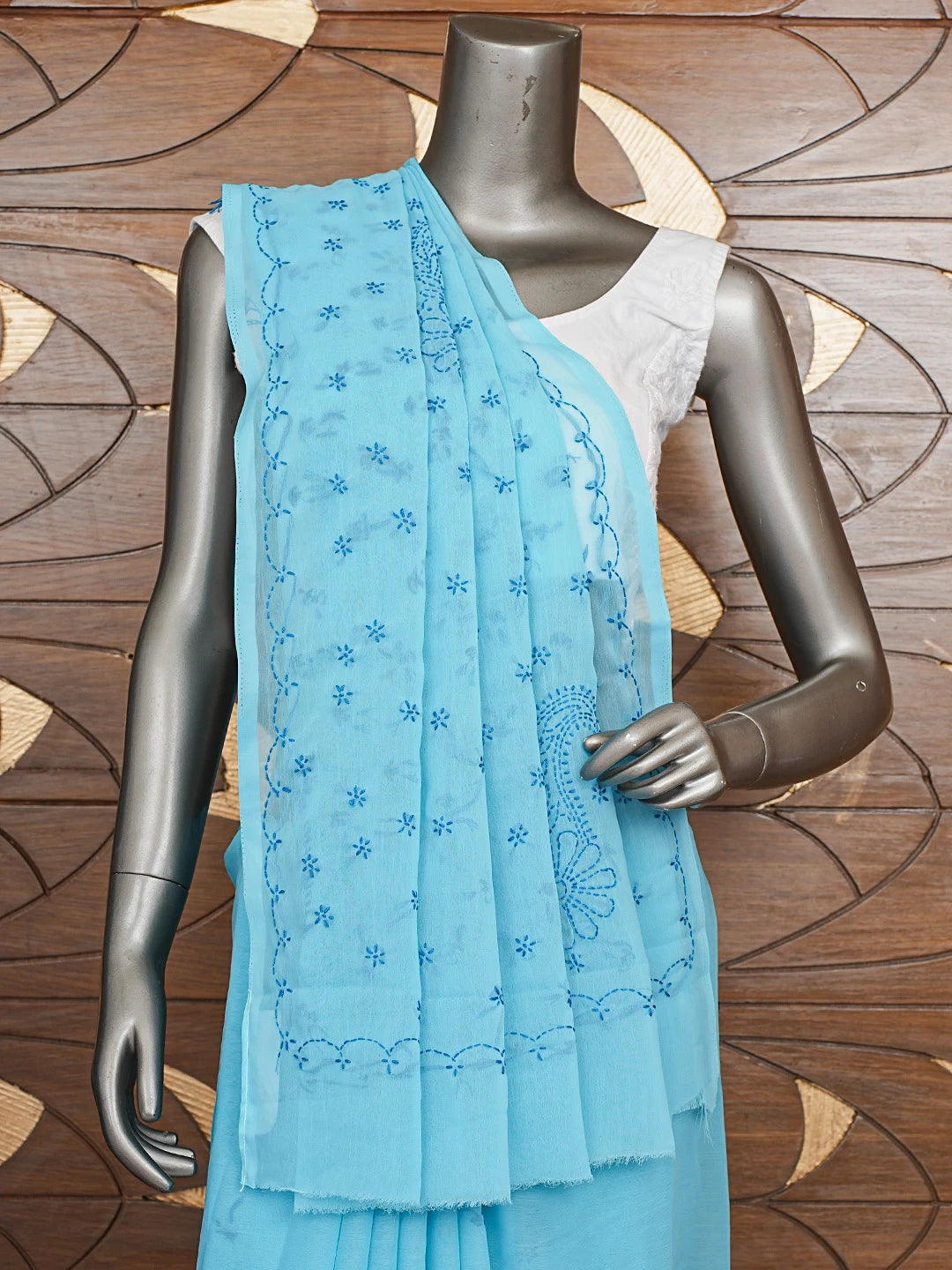Ada Hand Embroidered Sky Blue Georgette Lucknowi Chikankari Saree With Blouse 01A853729
