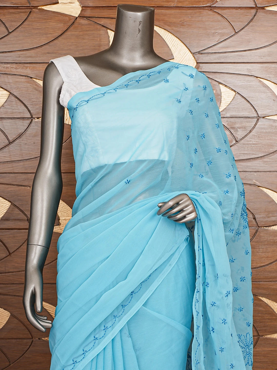 Ada Hand Embroidered Sky Blue Georgette Lucknowi Chikankari Saree With Blouse 01A853729