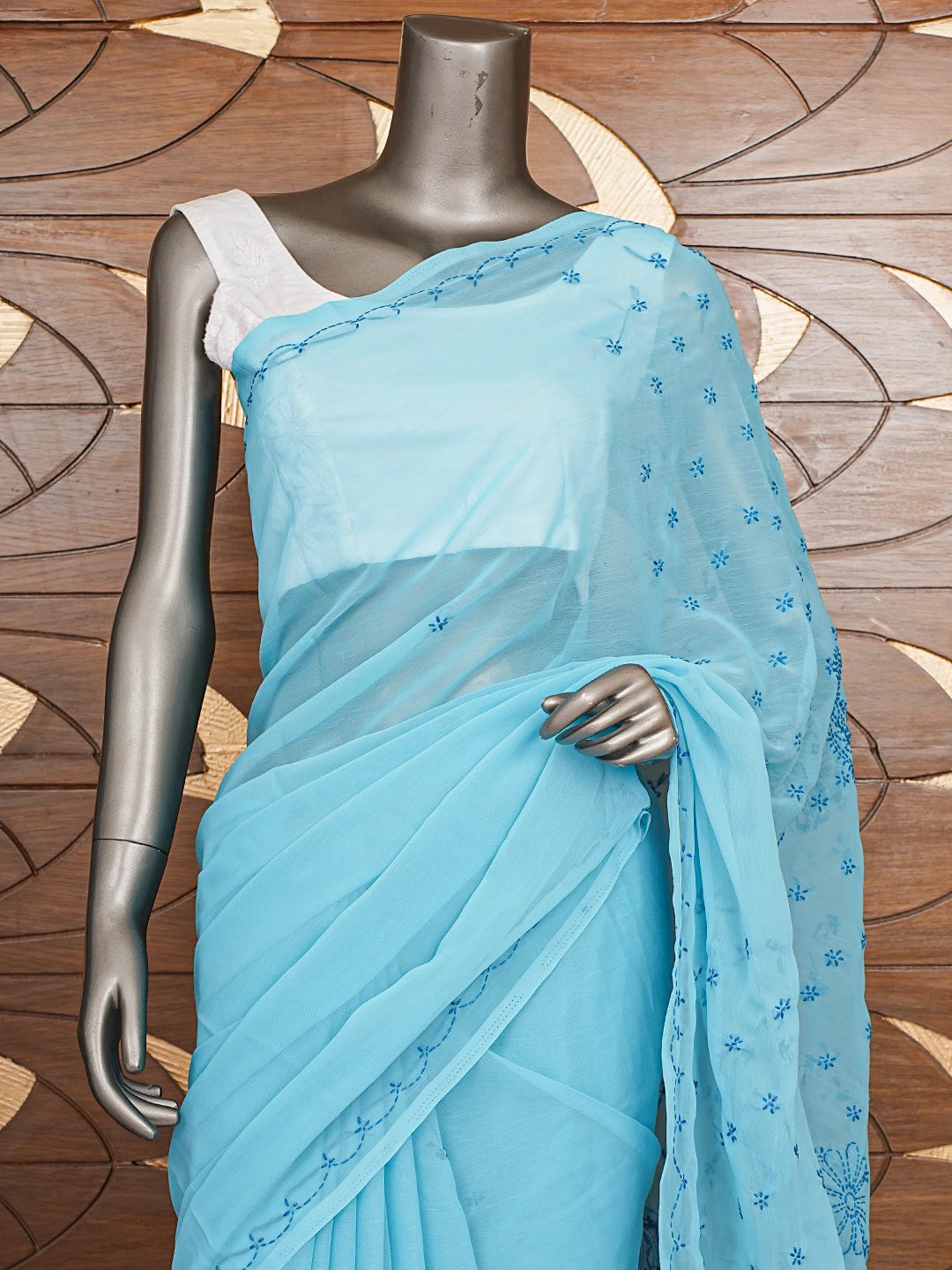Ada Hand Embroidered Sky Blue Georgette Lucknowi Chikankari Saree With Blouse 01A853729
