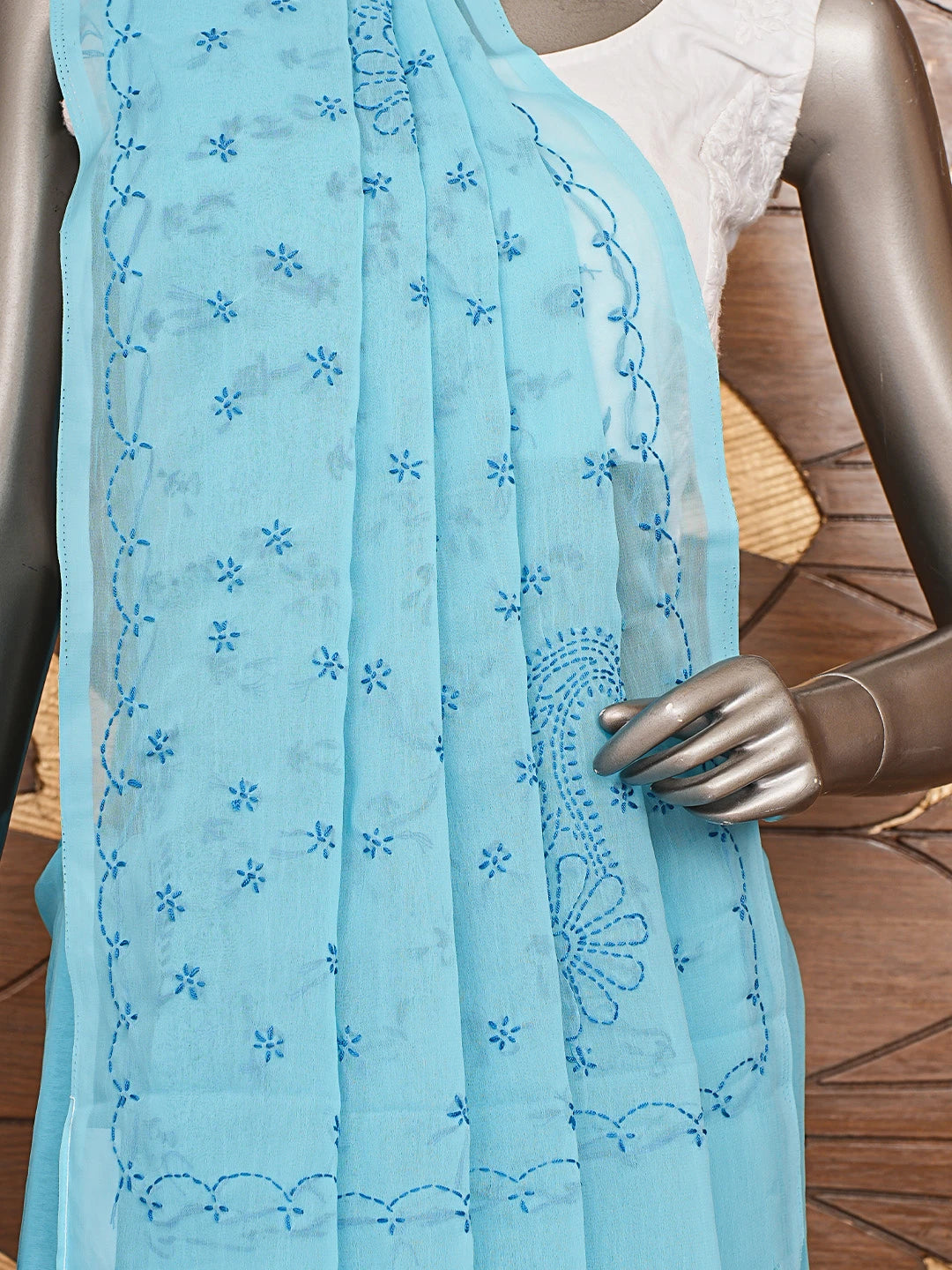 Ada Hand Embroidered Sky Blue Georgette Lucknowi Chikankari Saree With Blouse 01A853729